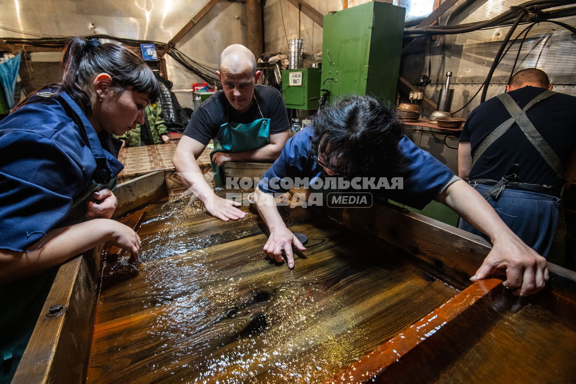 Магаданская область.  Сотрудницы  промывают золотой песок на одной из драг.