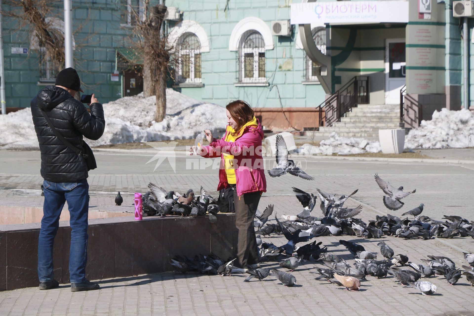 Барнаул. Девушка кормит голубей.