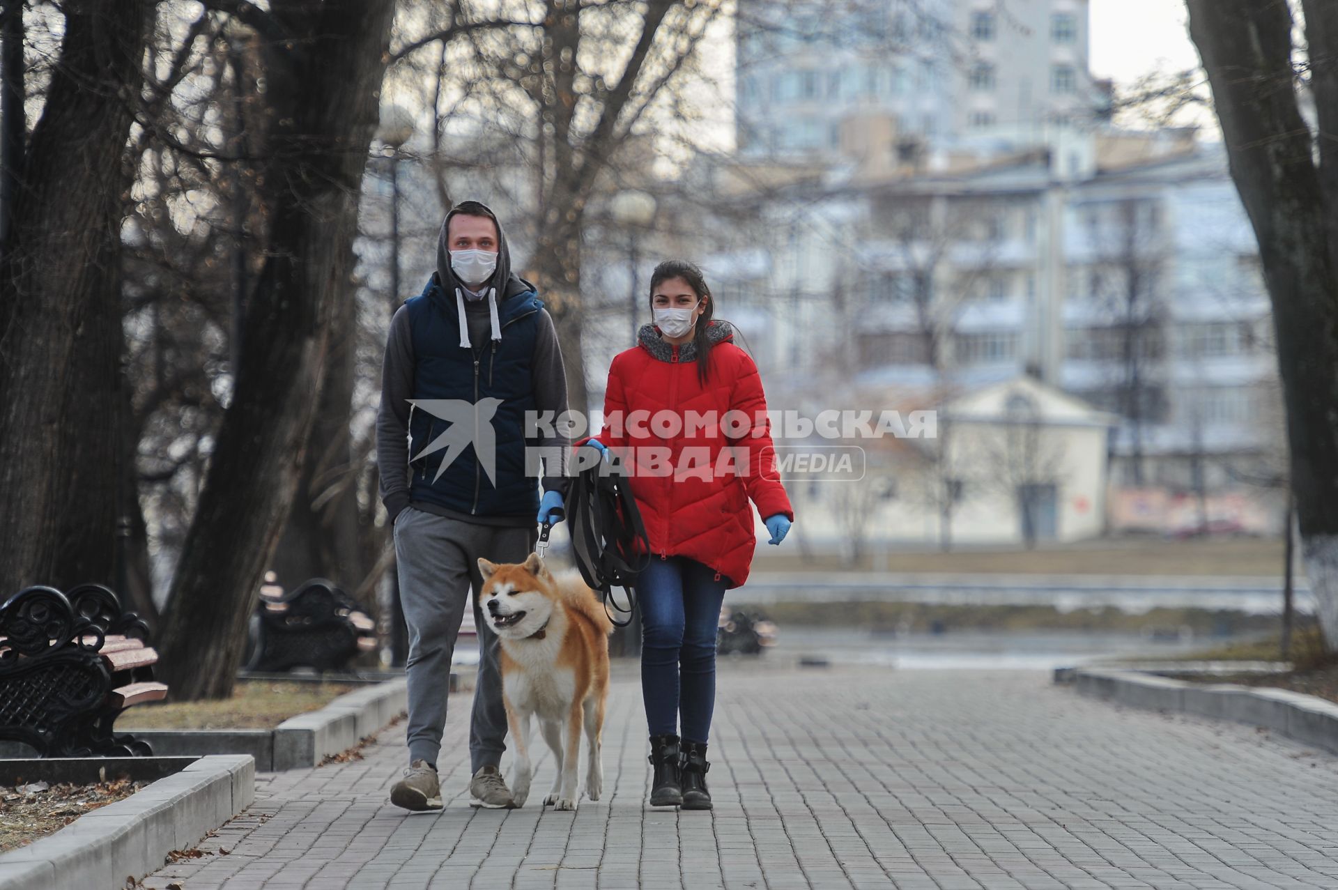 Екатеринбург. Горожане в медицинских масках гуляют с собакой во время нерабочей недели объявленной президентом РФ для снижения темпов распространения коронавируса COVID-19