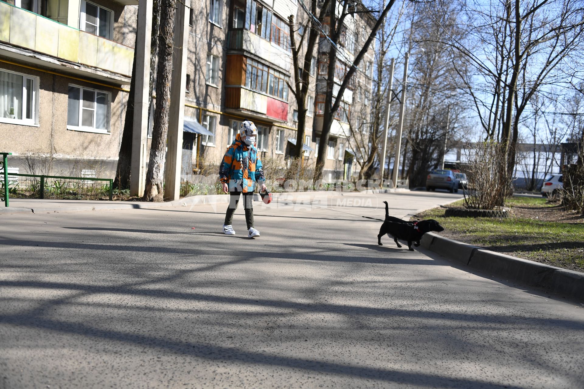 Москва.   Мальчик в медицинской маске гуляет с собакой во дворе.