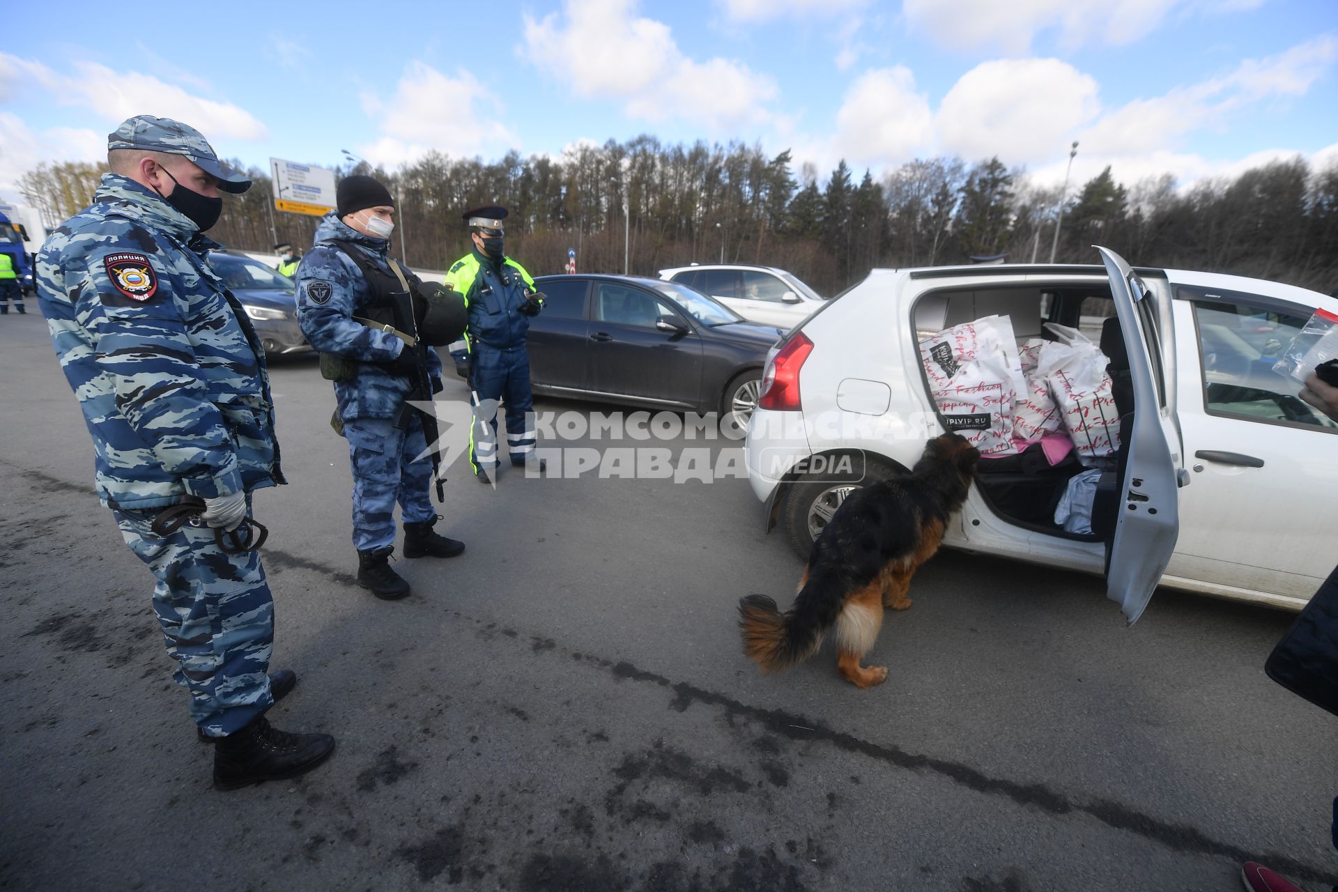 Москва. Сотрудник дорожно-патрульной службы ГИБДД во время проверки электронного пропуска у водителя на блокпосту при въезде в Москву.