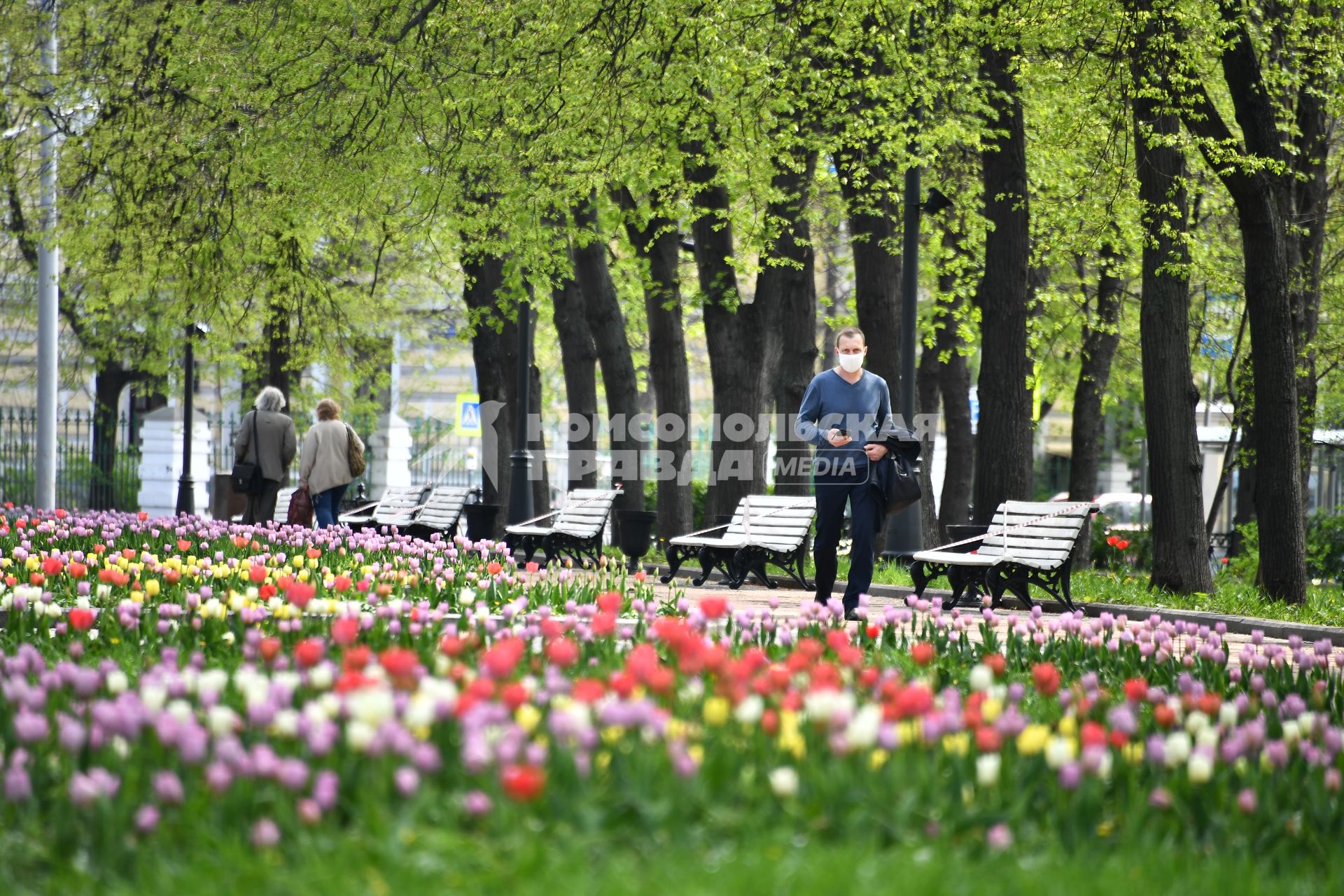 Москва. Мужчина в медицинской маске на улице.