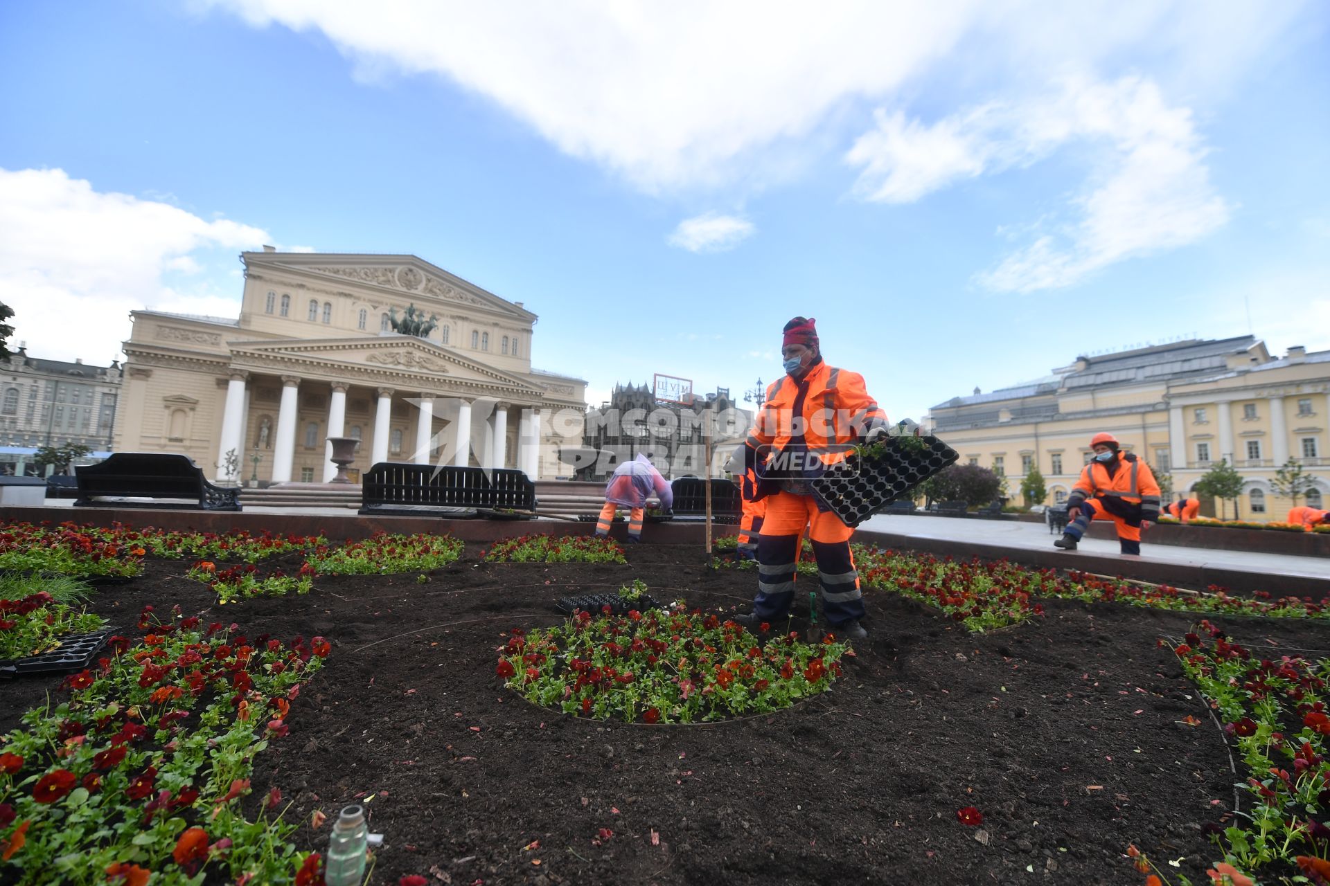 Москва. Работники по озеленению высаживают цветы на клумбы возле Большого театра.