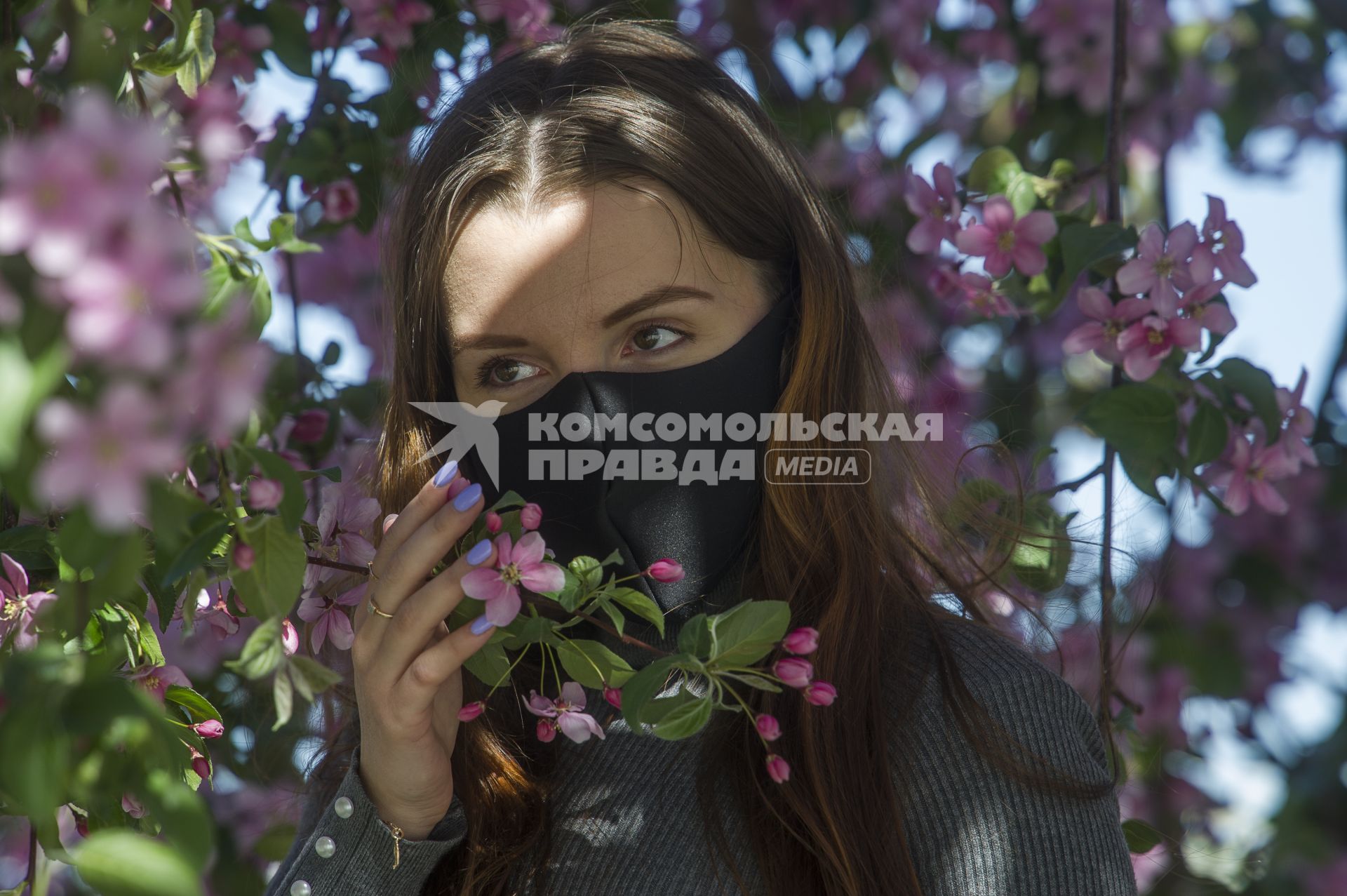 Екатеринбург. Девушка в защитной маске фотографируется у цветущей яблони,  во время режима самоизоляции введеного для нераспространения новой коронавирусной инфекции COVID-19