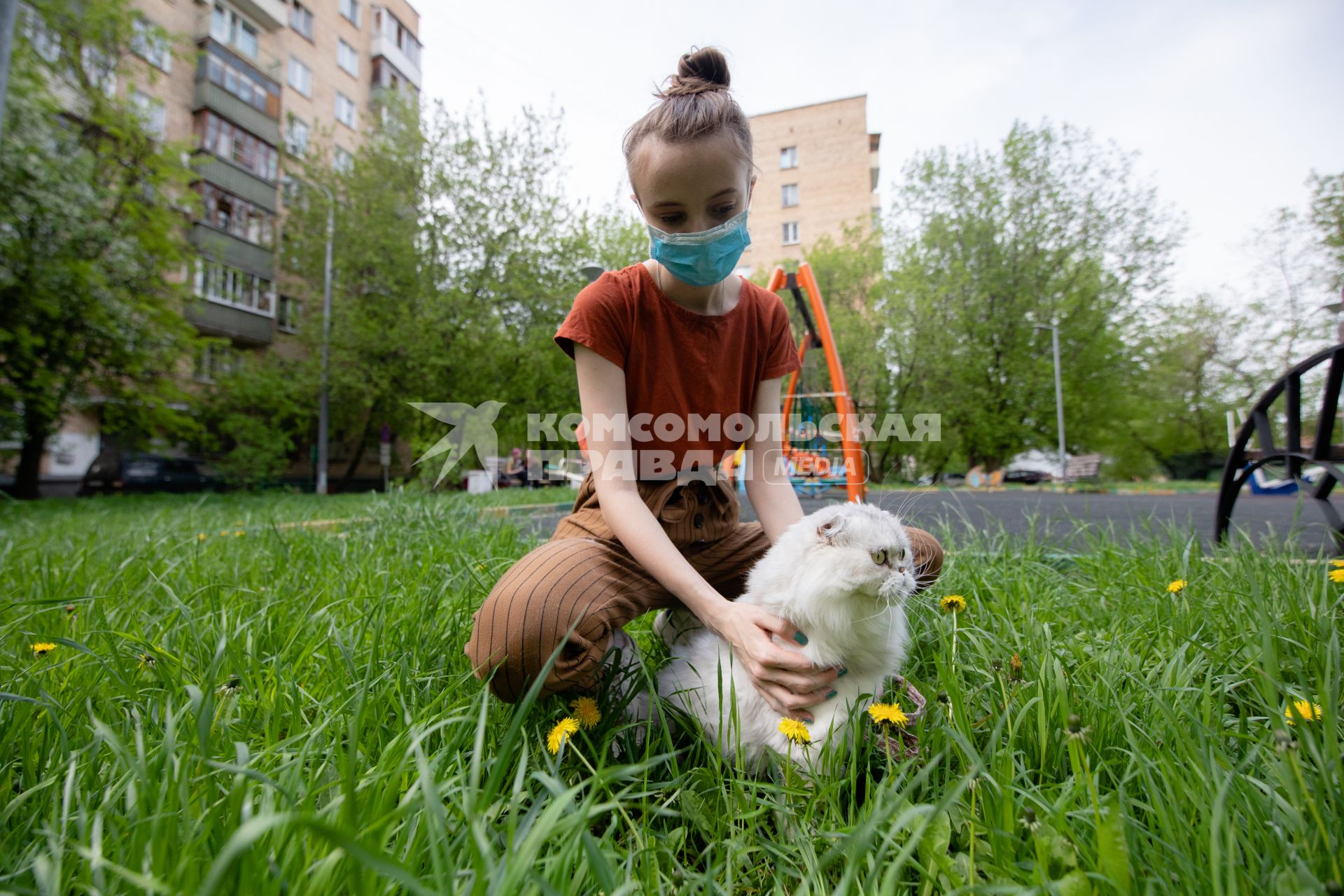 Москва.  Девушка в медицинской маске гуляет с кошкой во дворе.