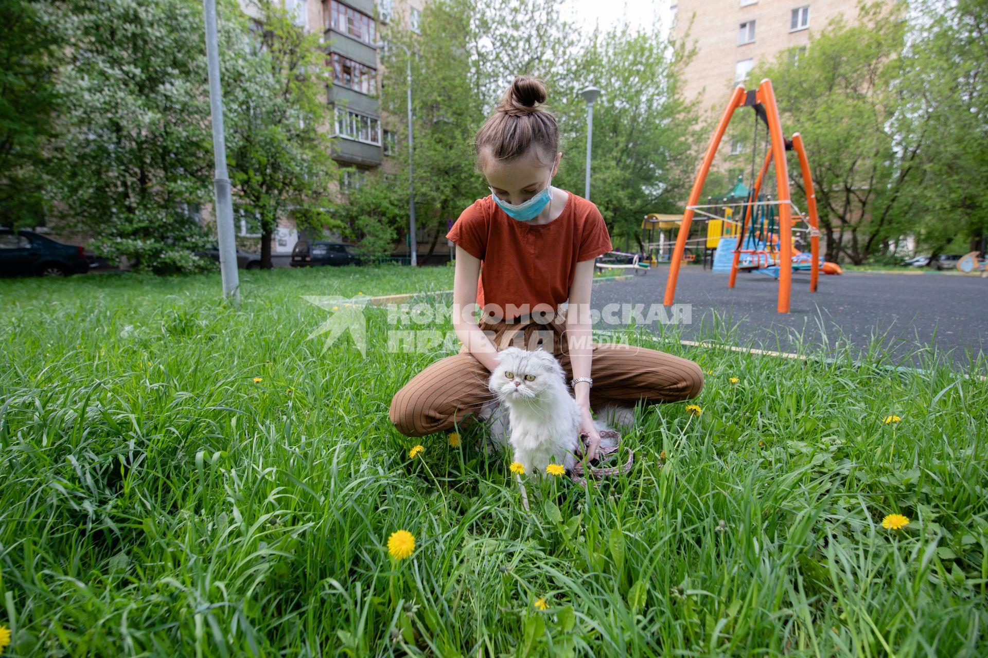 Москва.  Девушка в медицинской маске гуляет с кошкой во дворе.