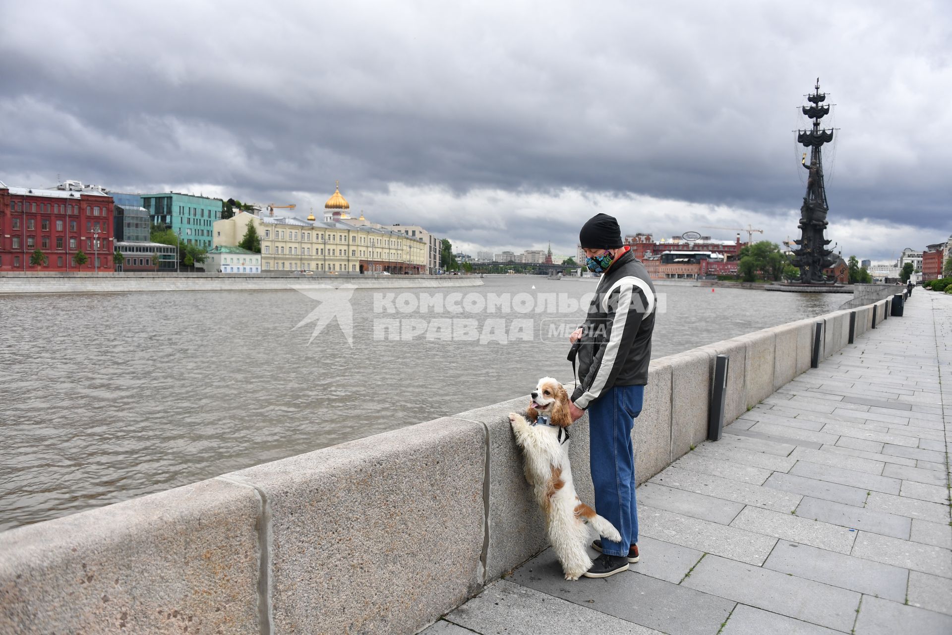 Москва.  Мужчина гуляет с собакой на Крымской набережной.