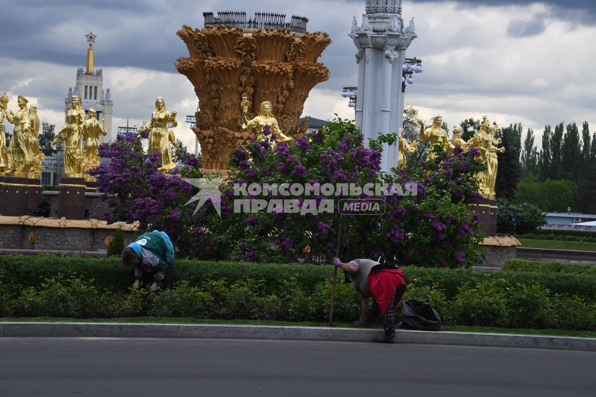 Москва.  Сотрудники коммунальных служб  высаживают цветы на клумбе  ВДНХ.