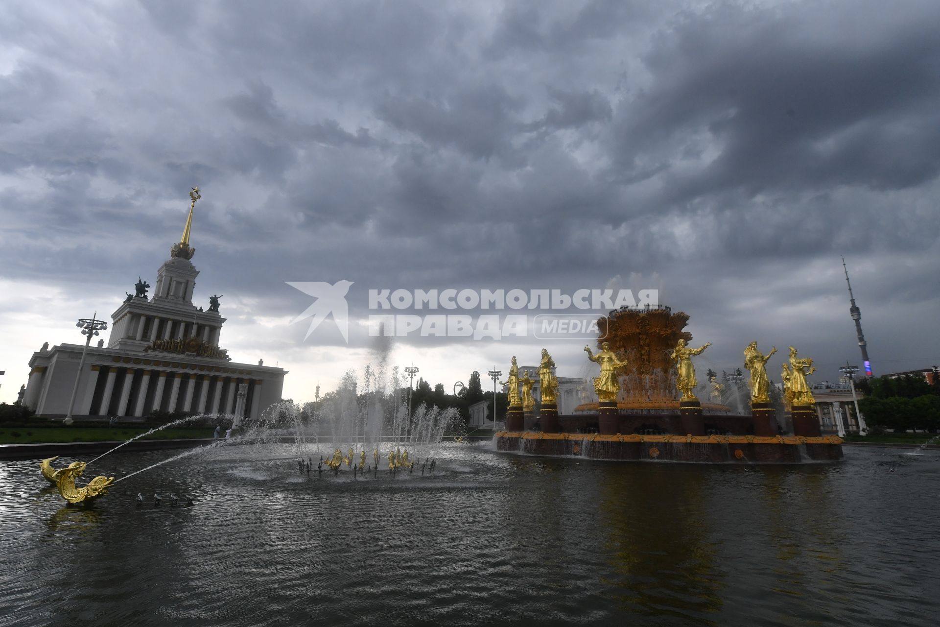 Москва. Вид на фонтан `Дружба народов` и павильон #1 `Центральный`  на ВДНХ.