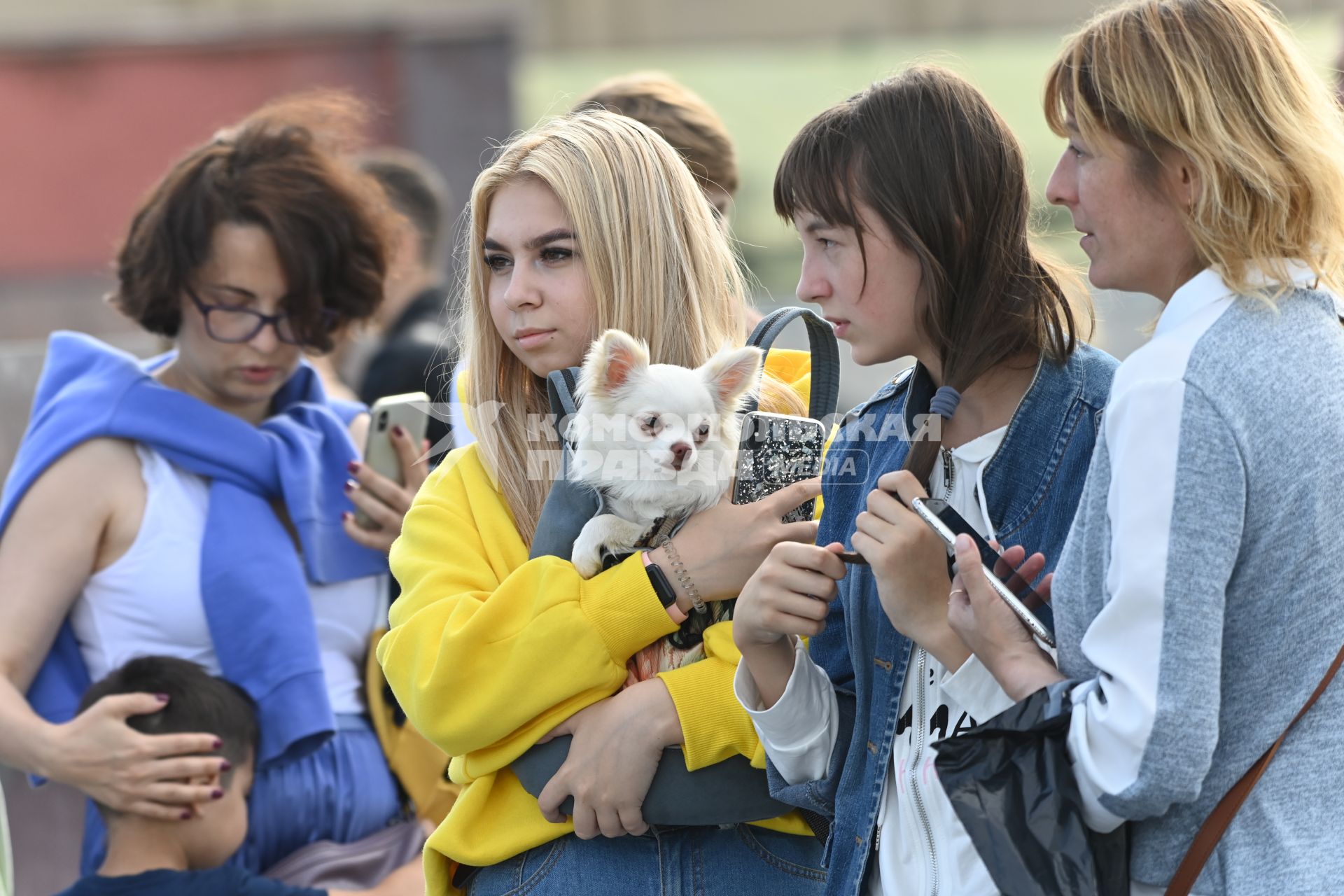 Москва.   Девушка с собачкой на руках.