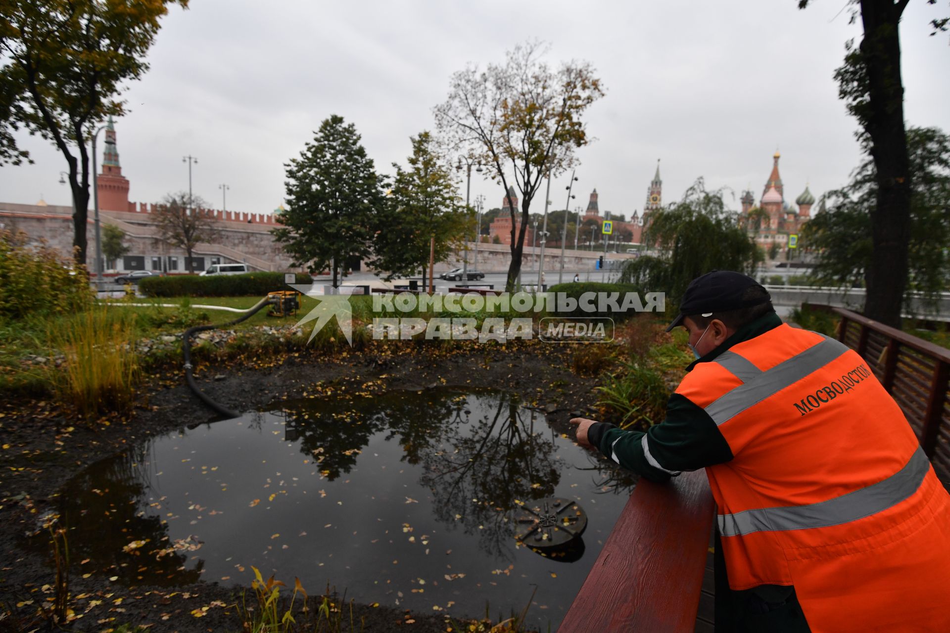 Москва.  Осушение одного из прудов в парке `Зарядье` для вылова теплолюбивых карпов и отправки их на зимовку.