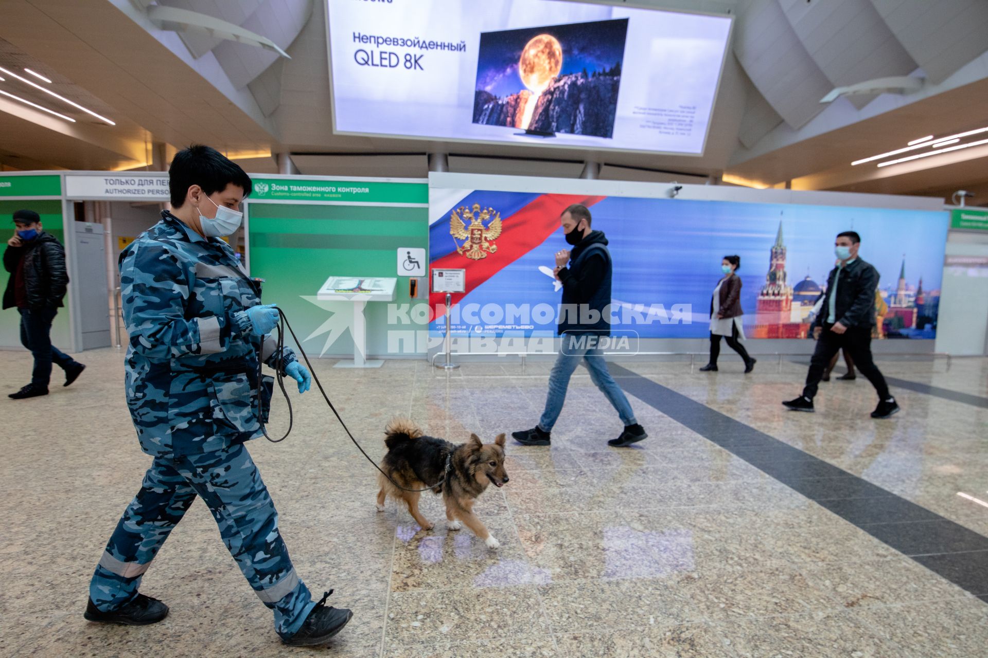 Москва, аэропорт Шереметьево. Сотрудница службы безопасности аэропорта со служебной собакой  породы шалайка (гибрид шакала и лайки) во время патрулирования аэропорта.