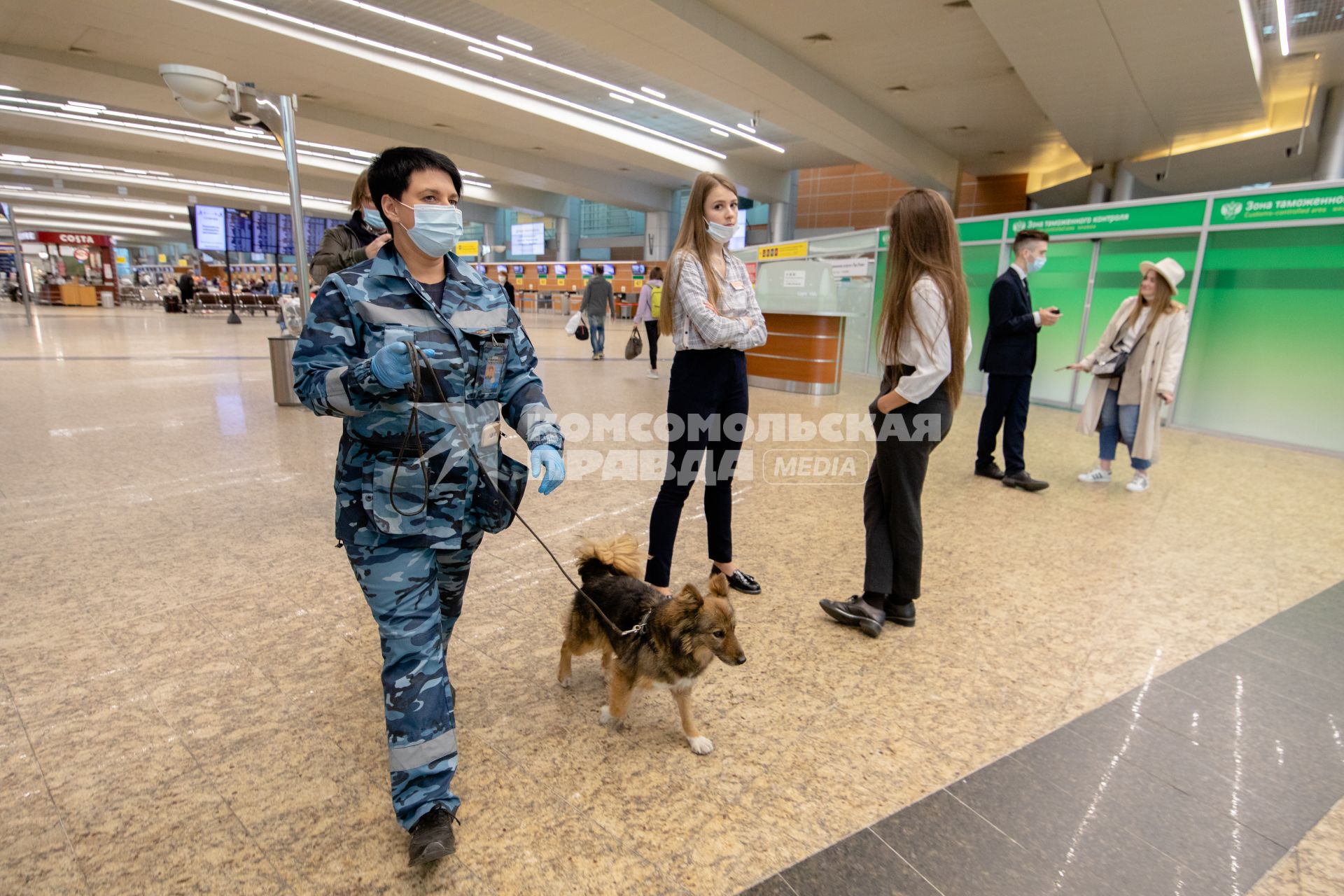 Москва, аэропорт Шереметьево. Сотрудница службы безопасности аэропорта со служебной собакой  породы шалайка (гибрид шакала и лайки) во время патрулирования аэропорта.