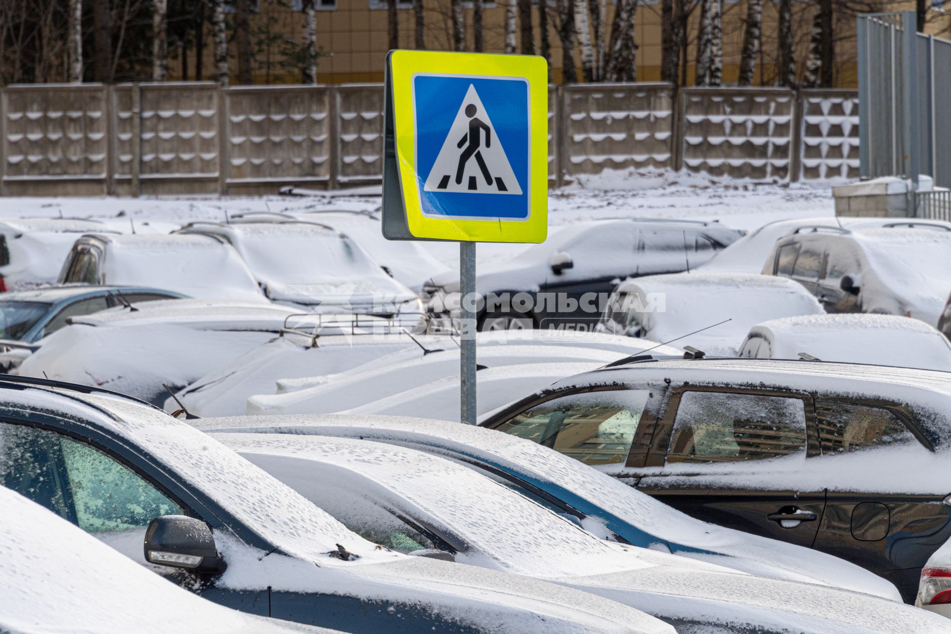 Москва.  Заснеженные автомобили на парковке.