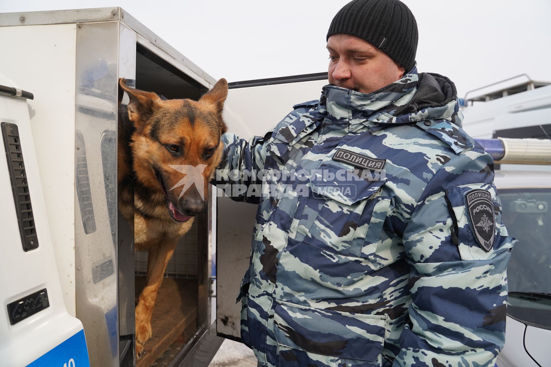 Самара. Сотрудник  полиции с собакой во время празднования Дня защитника Отечества.