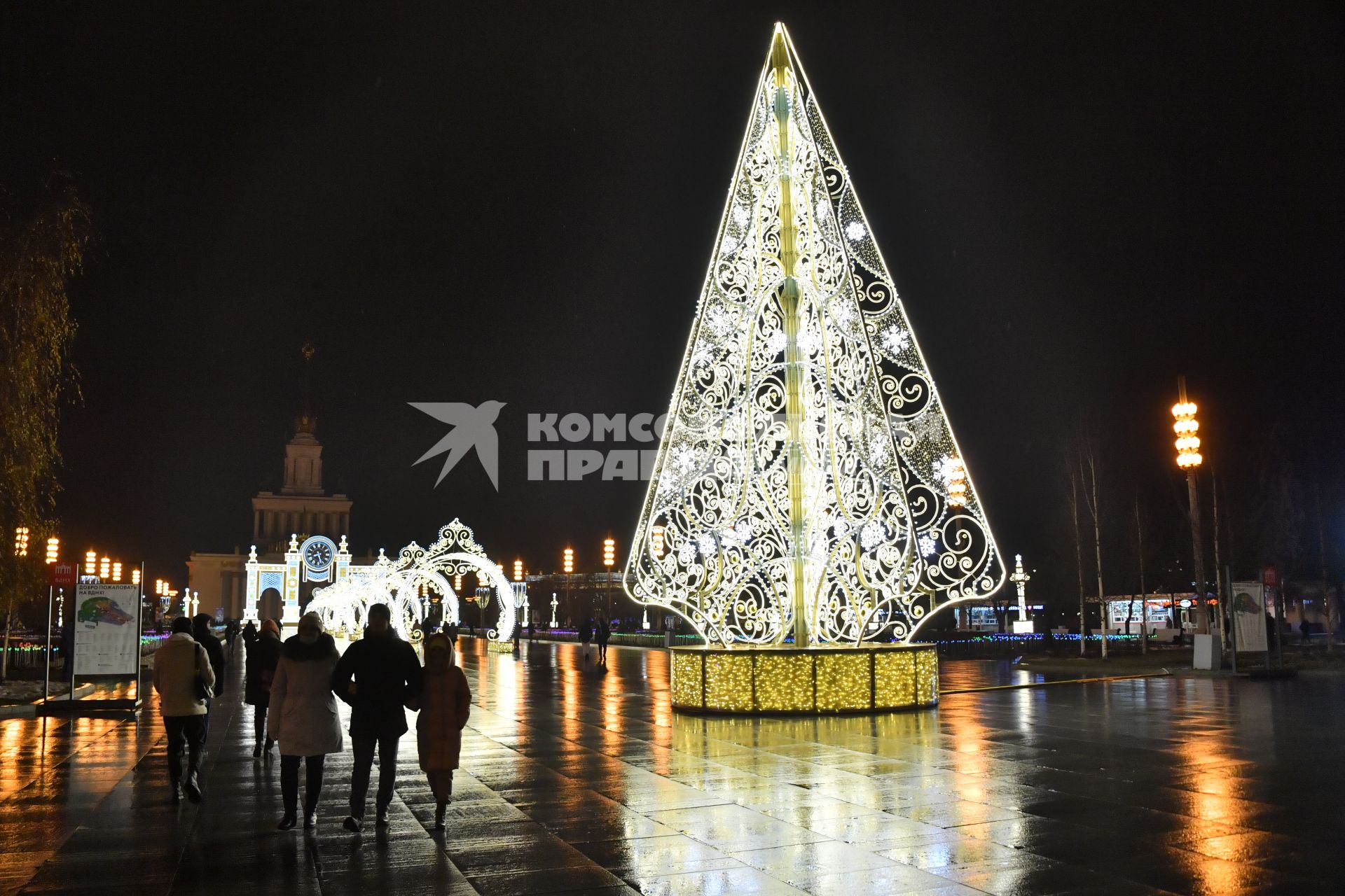 Москва. Новогодняя иллюминация на Центральной аллее ВДНХ.