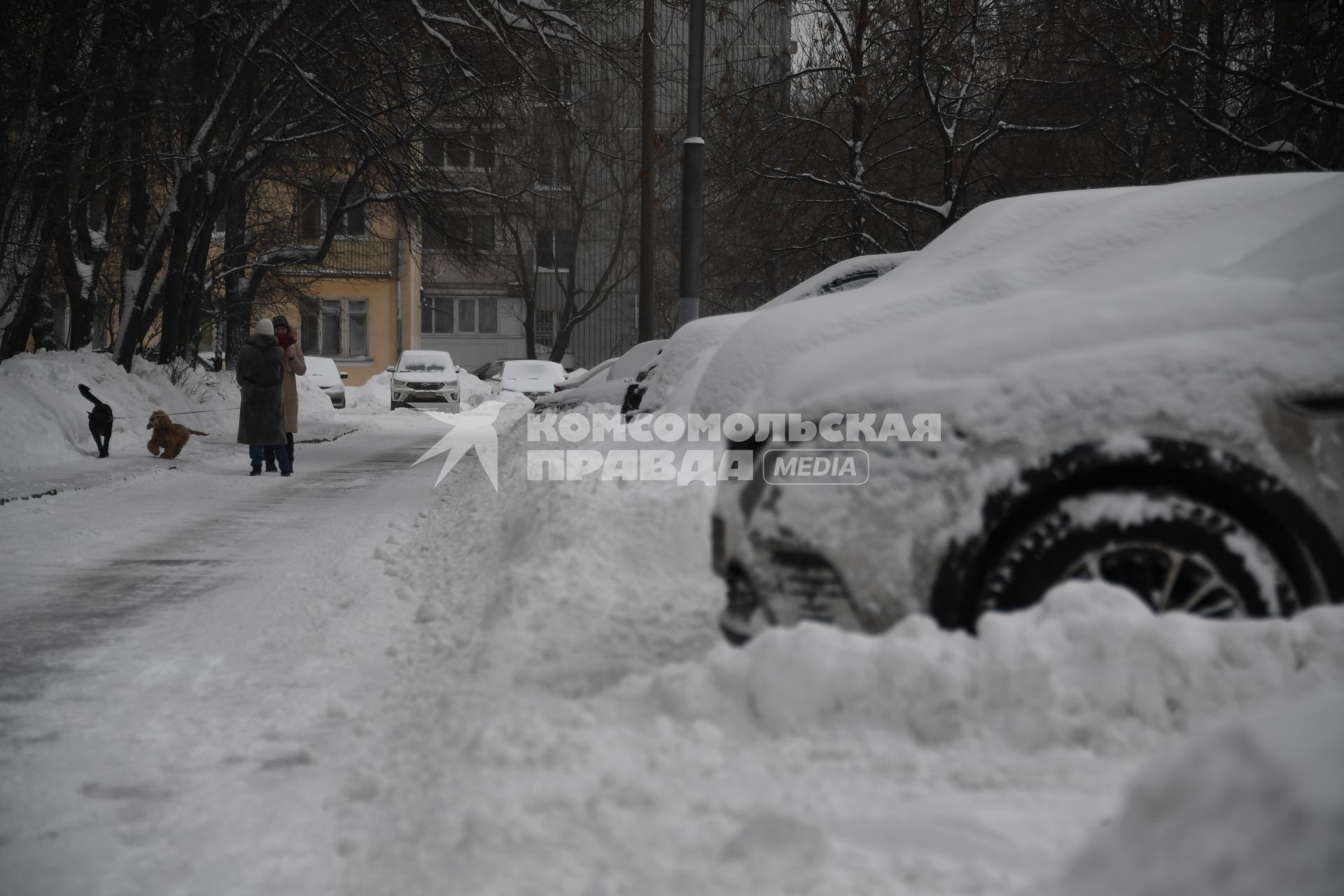 Москва. Заснеженные автомобили во дворе.