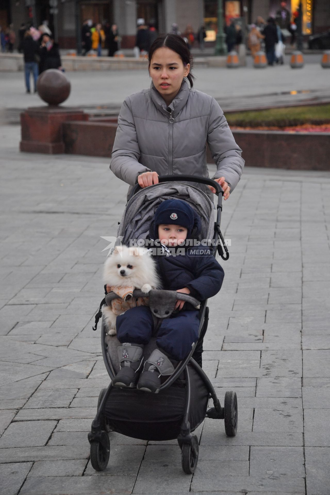 Москва. Женщина везет ребенка и собаку в детской коляске.