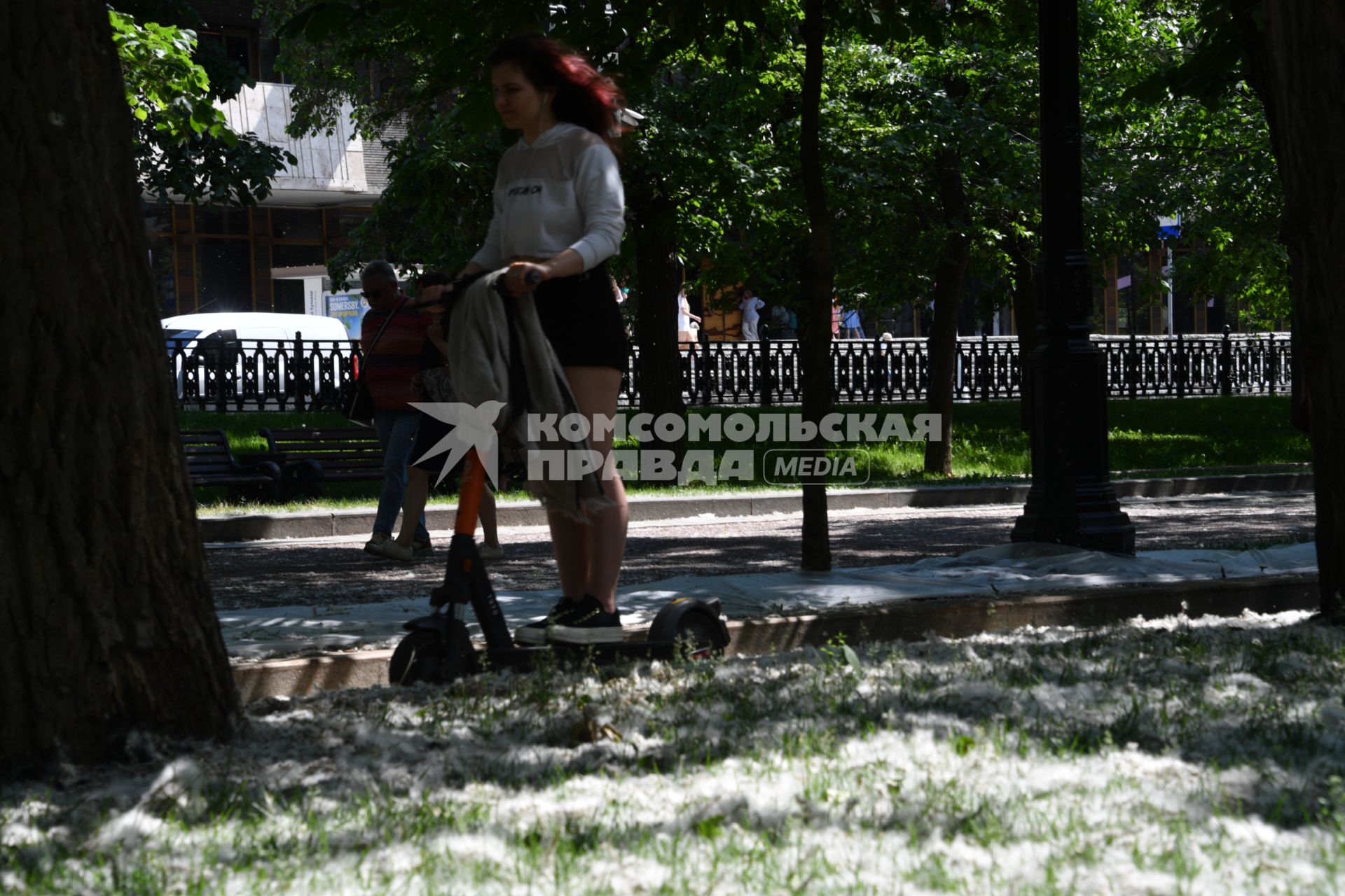 Москва. Земля покрыта тополиным пухом.