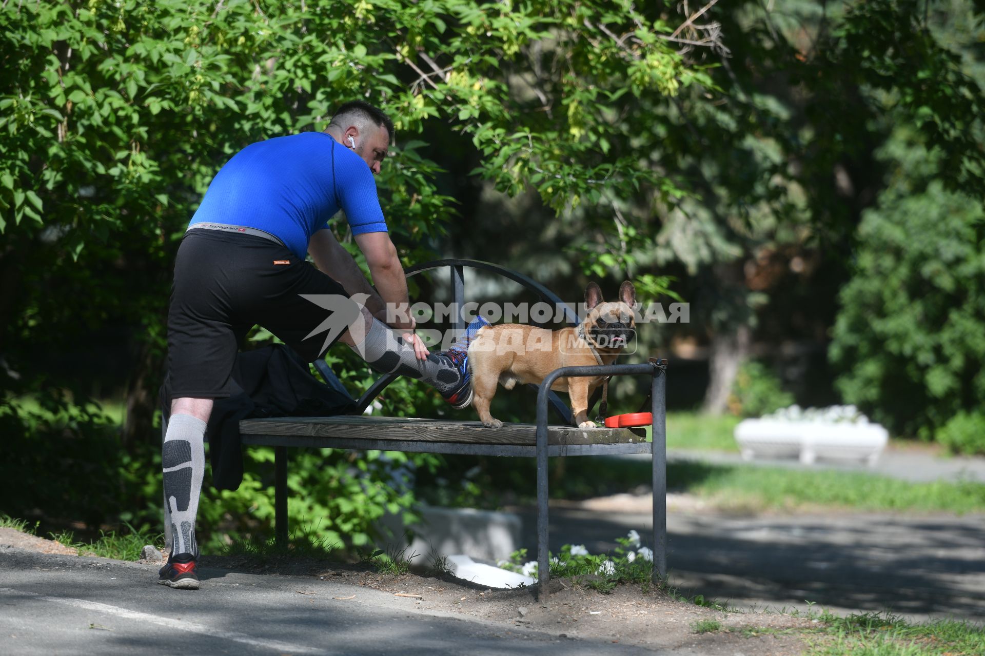 Екатеринбург. Мужчина в парке делает зарядку, во время прогулки с собакой