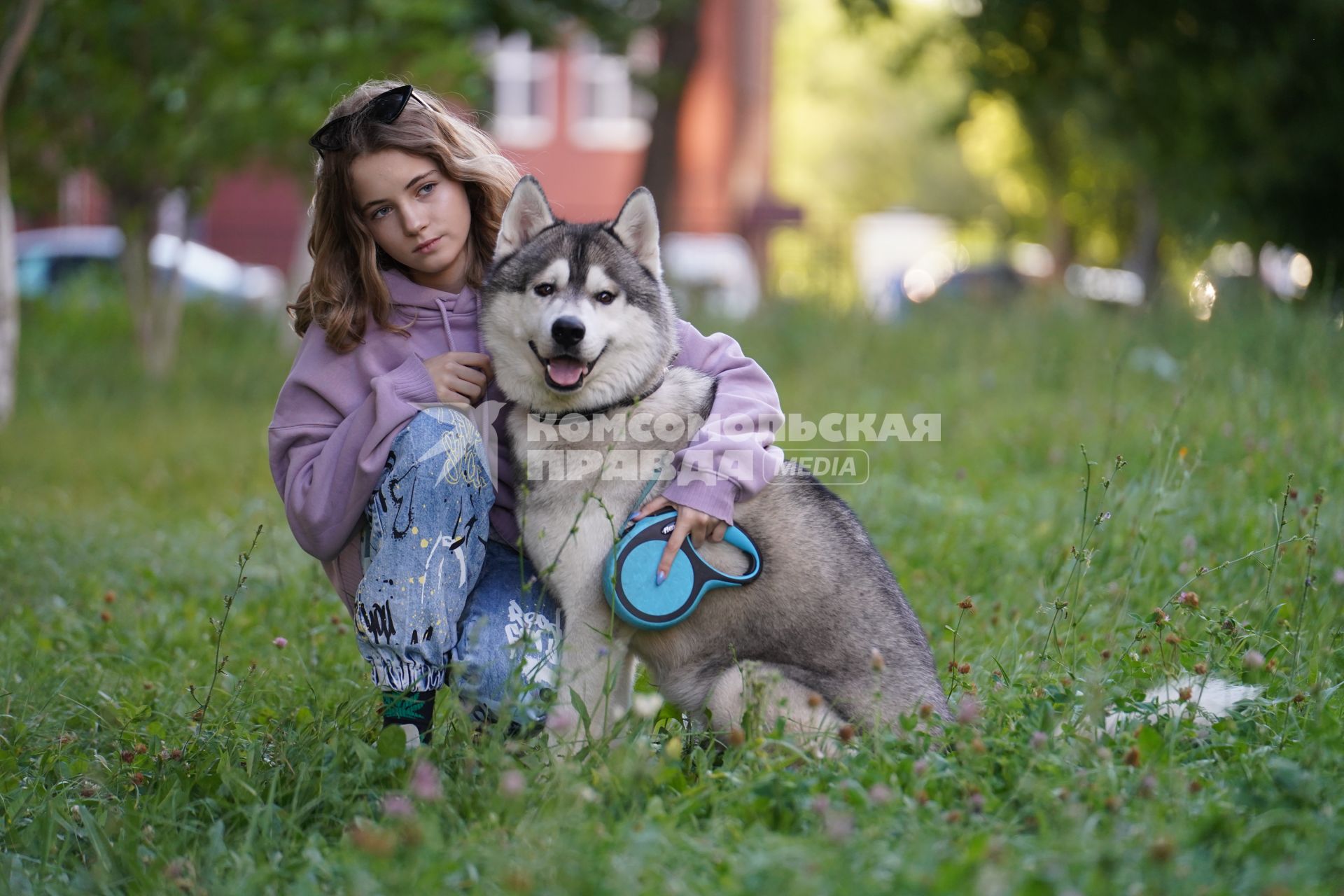Самара. Девушка с собакой породы маламут на прогулке.