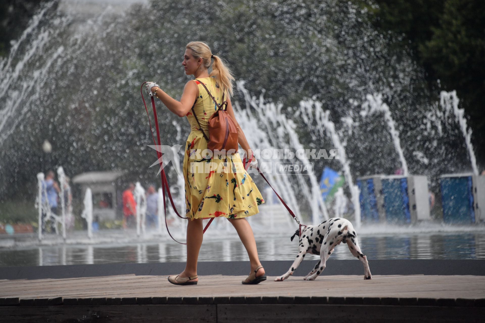 Москва. Девушка с собакой породы далматинец во время прогулки на ВДНХ.