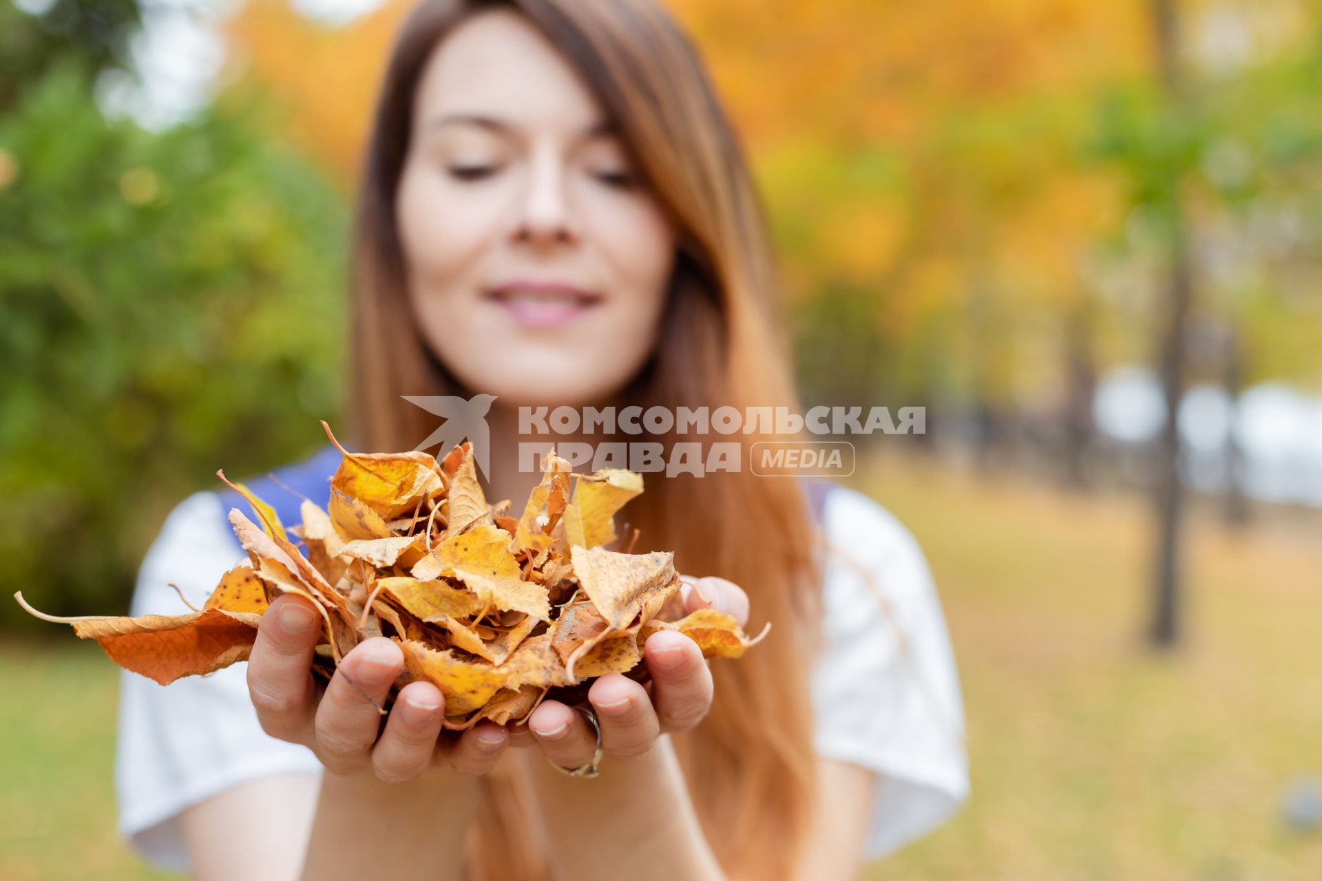 Красноярск. Девушка держит в руках листья в осеннем парке.
