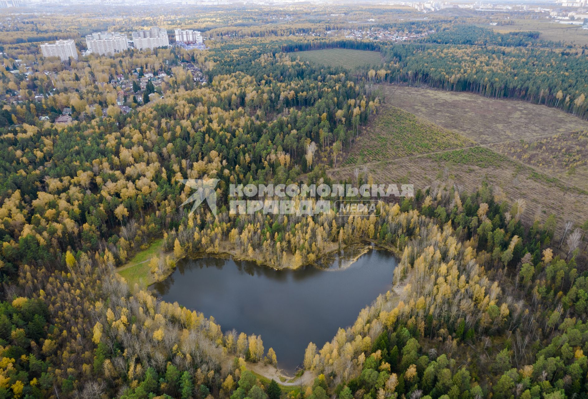 Московская область.  Вид сверху на озеро  Красное в Балашихе, по форме напоминающее  сердце.