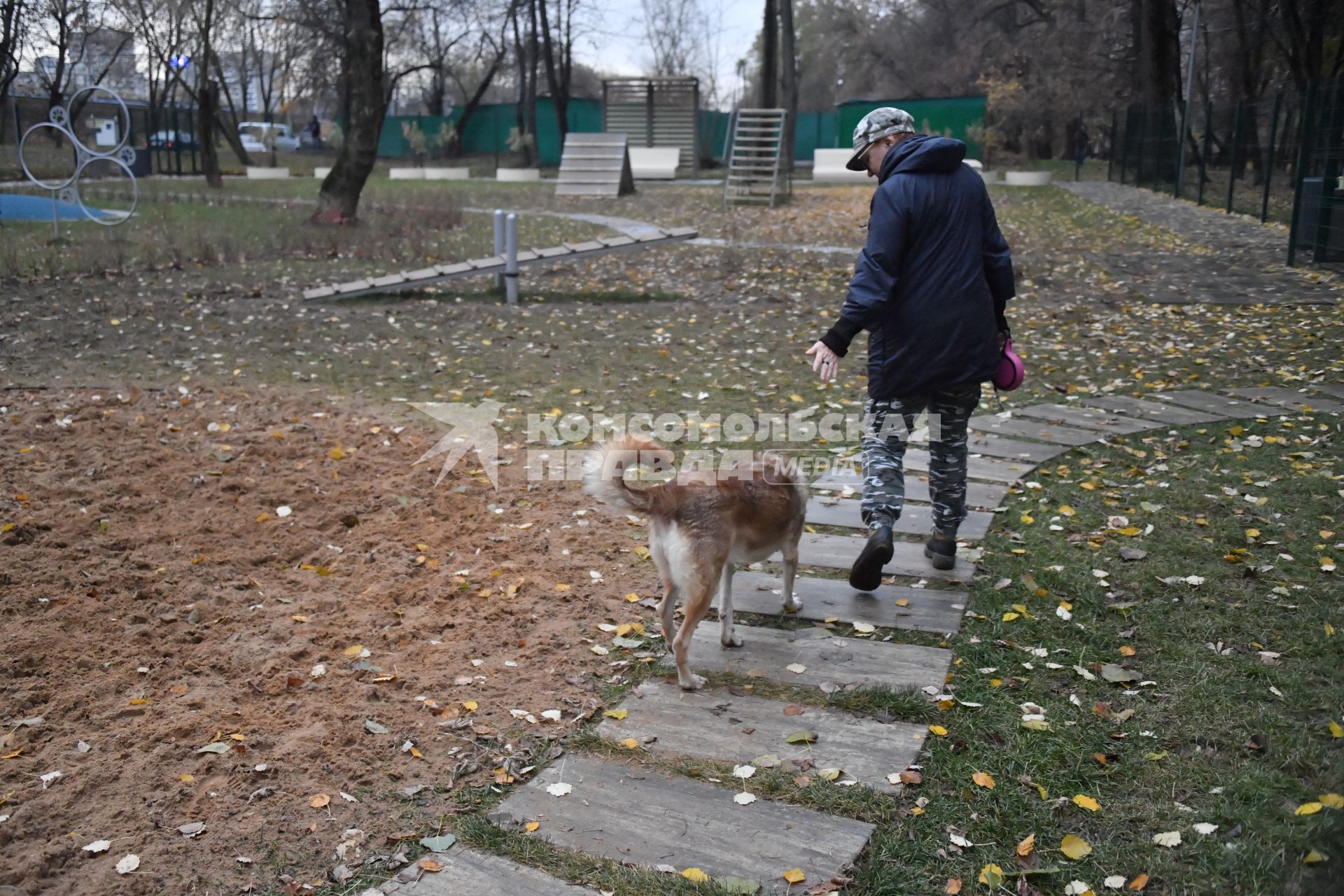 Москва. Женщина гуляет с собакой на кинологической площадке.