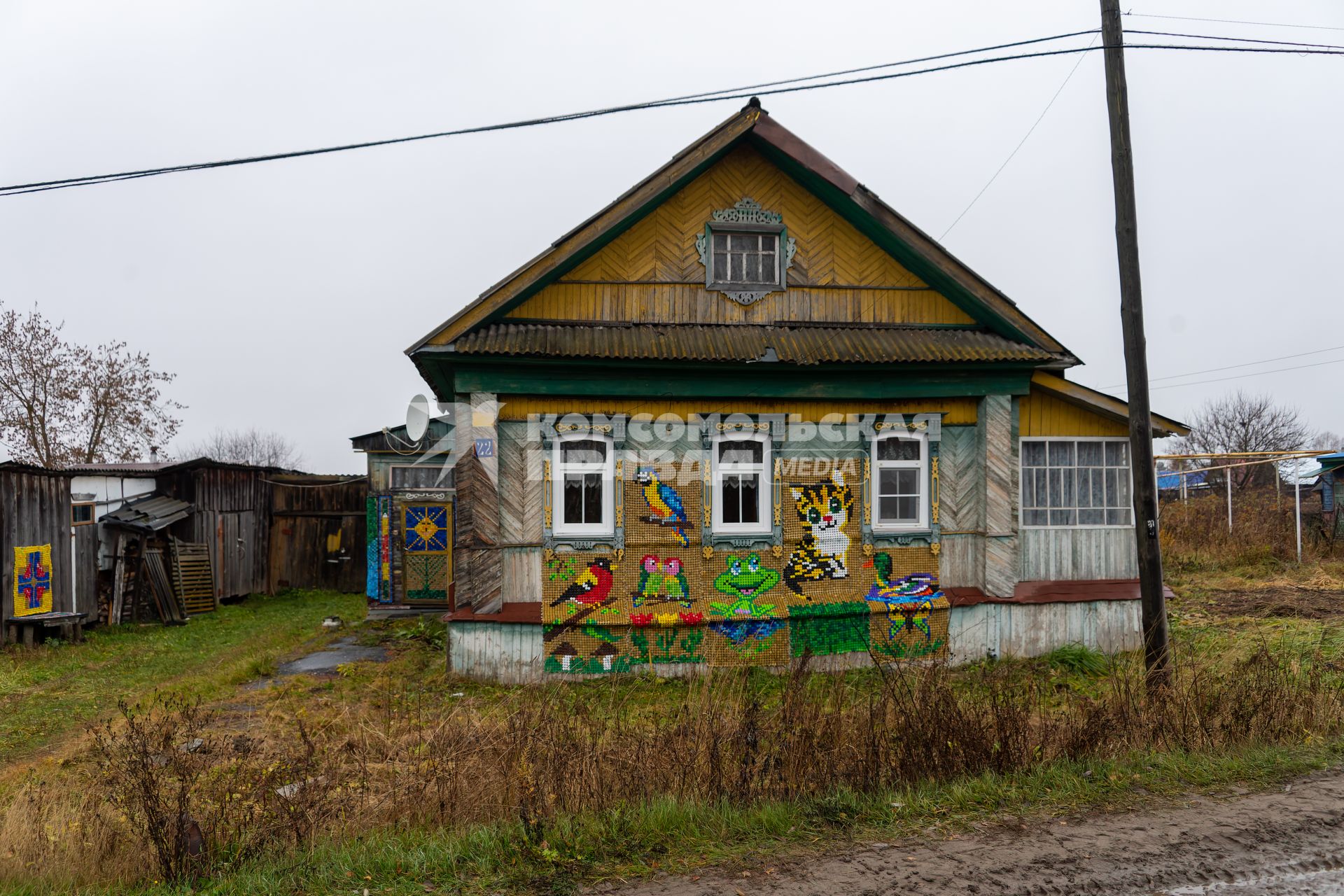 Нижегородская область. Село Хохлома.  Дом  с узорным фасадом, выложенным из пластиковых пробок  местным жителем Виктором Шишановым.