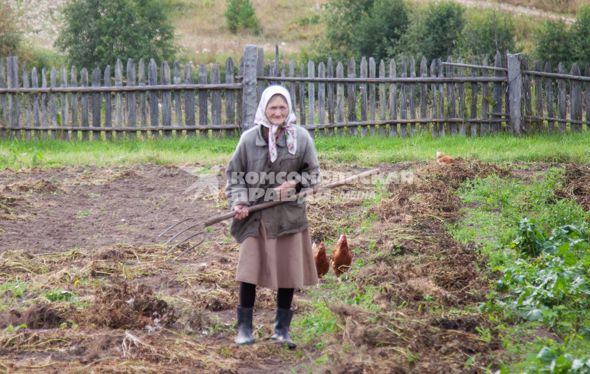 Пермский край. Деревенская жительница с вилами в поле.