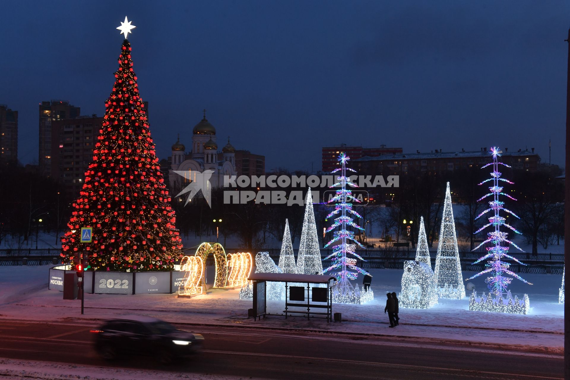 Москва.  Вид на новогоднюю иллюминацию `Полярные медведи`в парке у Ростокинского акведука.