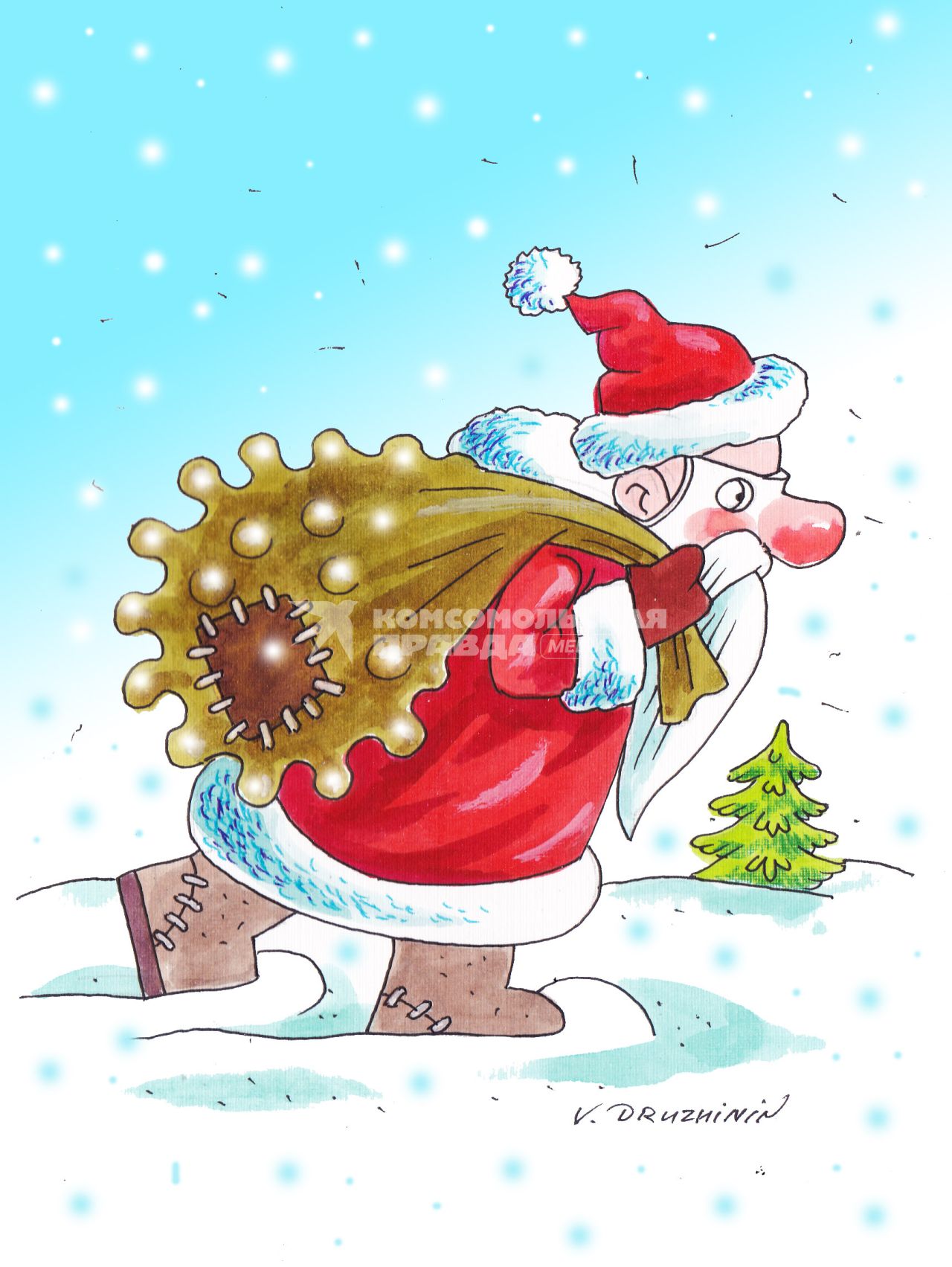 Карикатура. Дед Мороз с мешком подарков в виде клетки коронавируса.