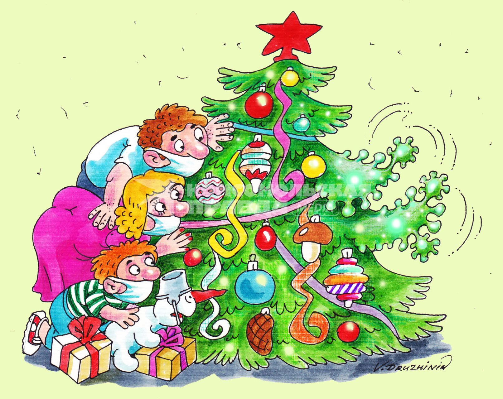 Карикатура. `Ковидные` ростки на новогодней елке.