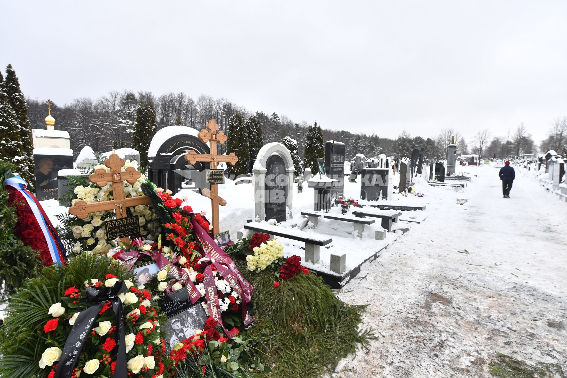 Москва.   Цветы   и портрет на могиле народного артиста РСФСР Леонида Куравлева на Троекуровском кладбище.