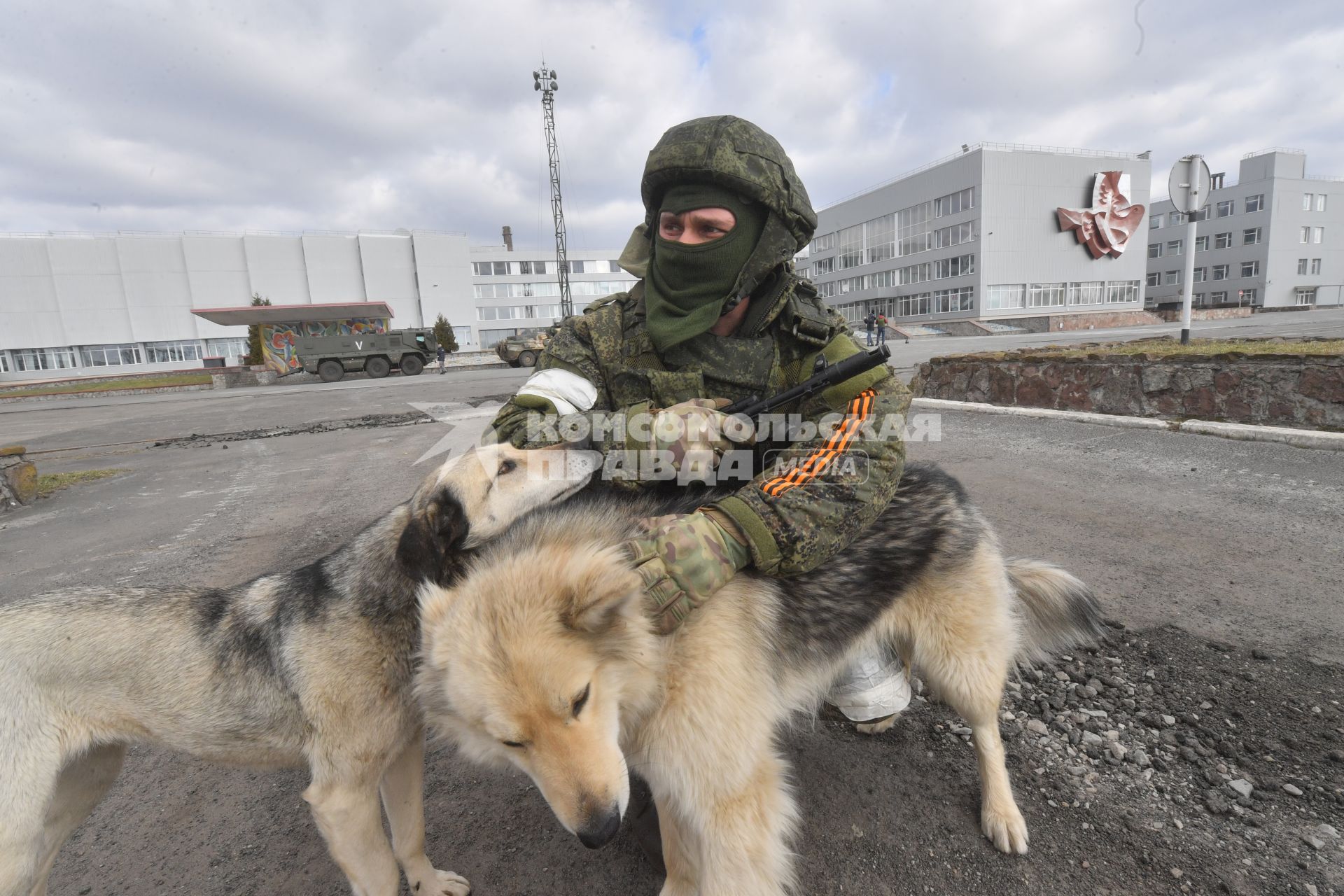 Киевская область. Вышгородский район. Военная операции РФ по демилитаризации Украины. Российские войска контролируют Чернобыльскую АЭС. Военнослужащий гладит собак.