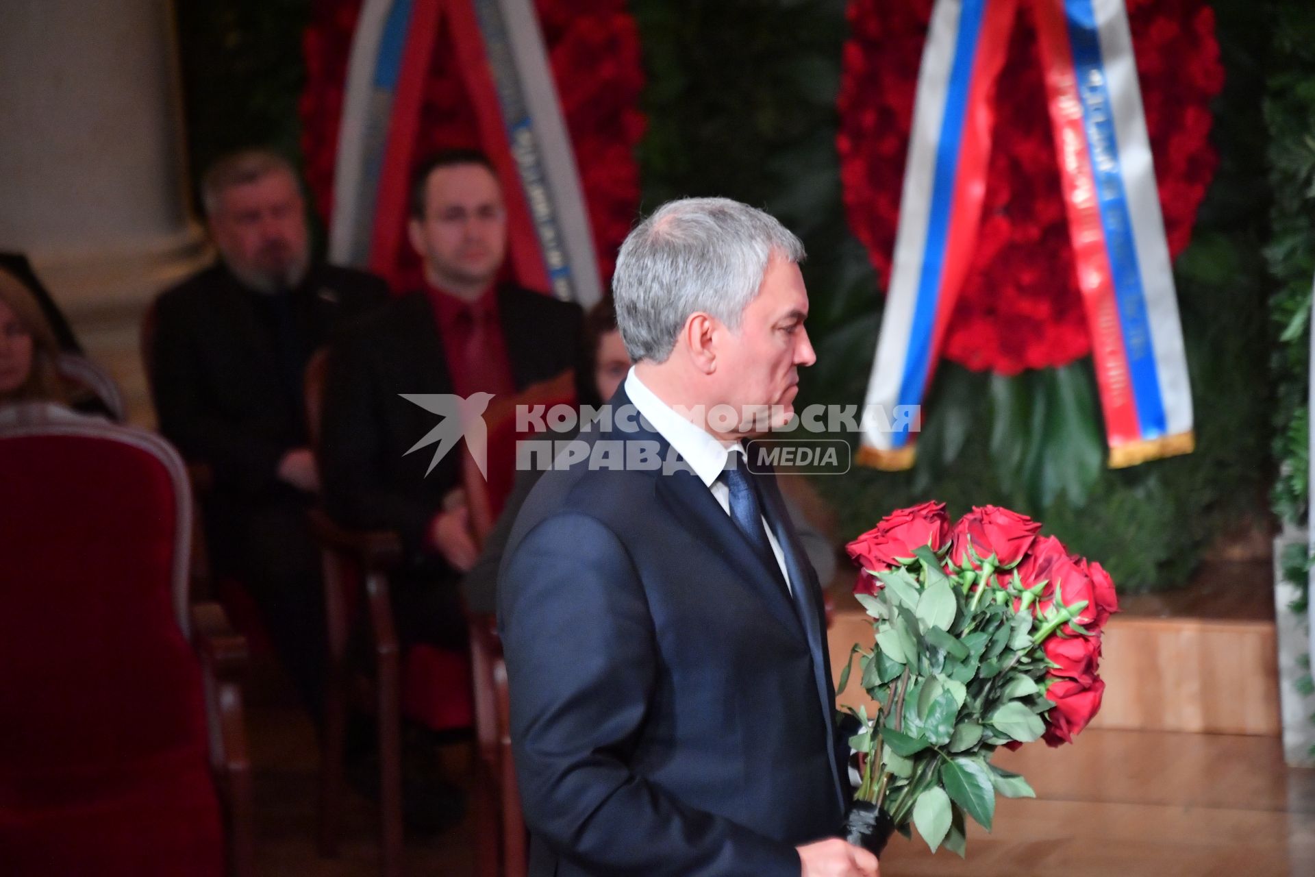 Москва.  Председатель Государственной Думы РФ Вячеслав Володин на церемонии прощания с руководителем фракции ЛДПР Владимиром Жириновским в Колонном зале Дома Союзов.