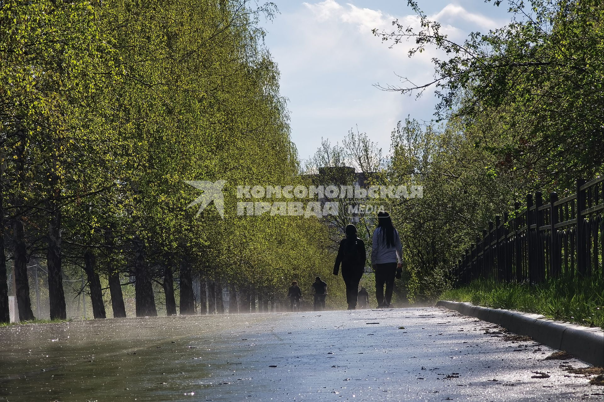 Екатеринбург. Парень и девушка идут по аллее во время дождя
