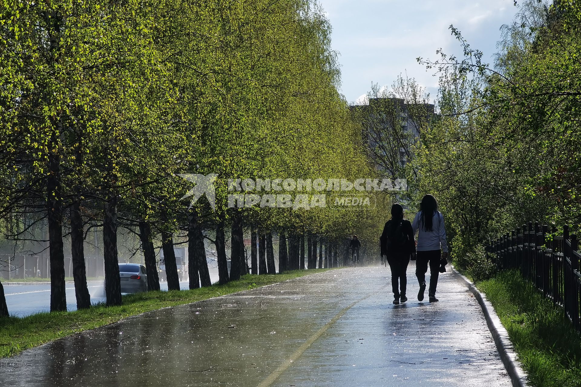 Екатеринбург. Парень и девушка идут по аллее во время дождя