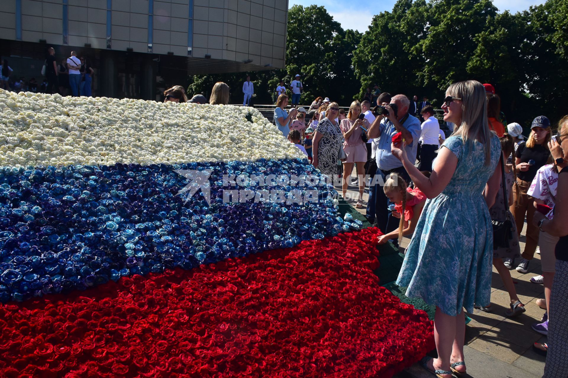 Краснодар. Самый большой флаг России из роз собрали на главной площади города к празднику День России.