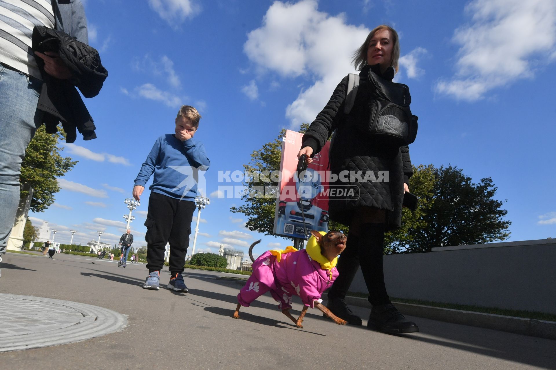 Москва.  Женщина с мальчиком и собакой  на ВДНХА.