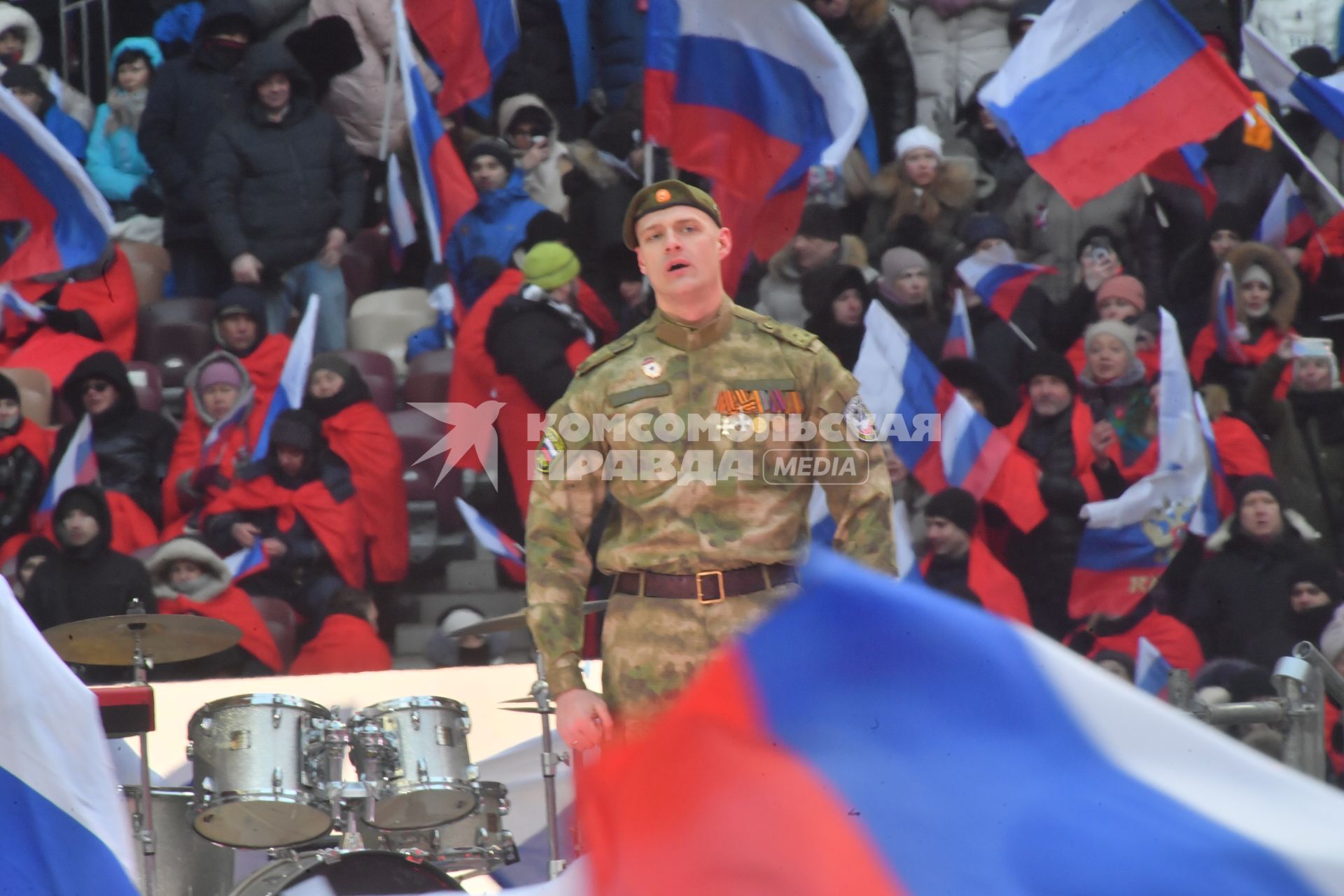 Москва. Выступление артистов на  митинг-концерта`Слава защитникам Отечества` в Лужниках, посвященного участникам спецоперации и празднованию Дня защитника Отечества.