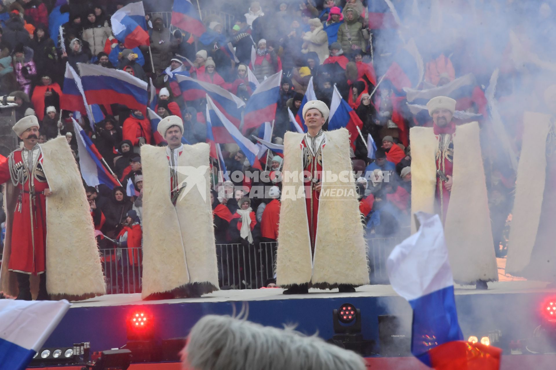 Москва. Участники музыкального ансамбля  во время митинг-концерта`Слава защитникам Отечества` в Лужниках, посвященного участникам спецоперации и празднованию Дня защитника Отечества.