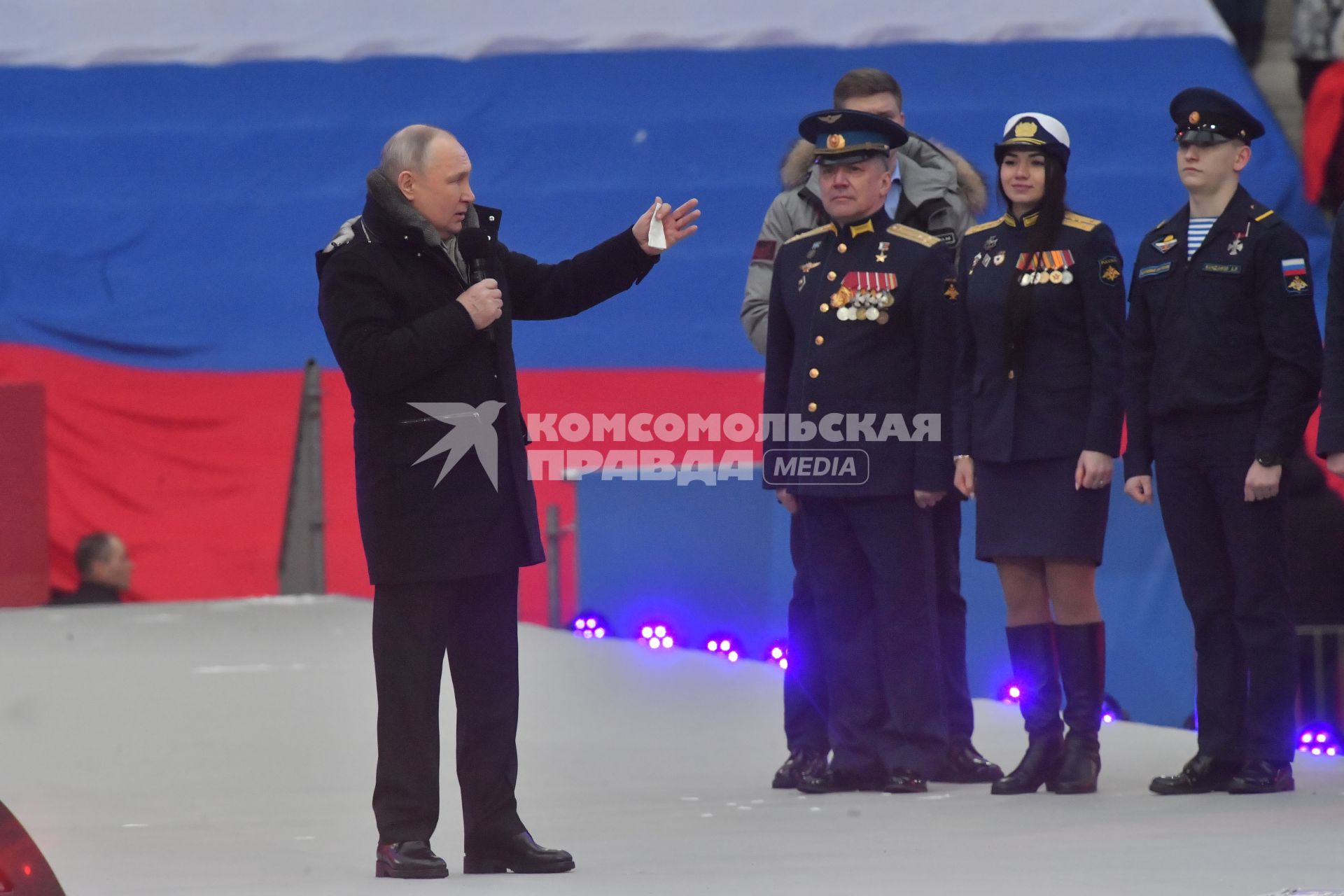 Москва.  Президент РФ Владимир Путин  в Лужниках во время выступления на митинге-концерте `Слава защитникам Отечества`, посвященном участникам специальной военной операции и празднованию Дня защитника Отечества.