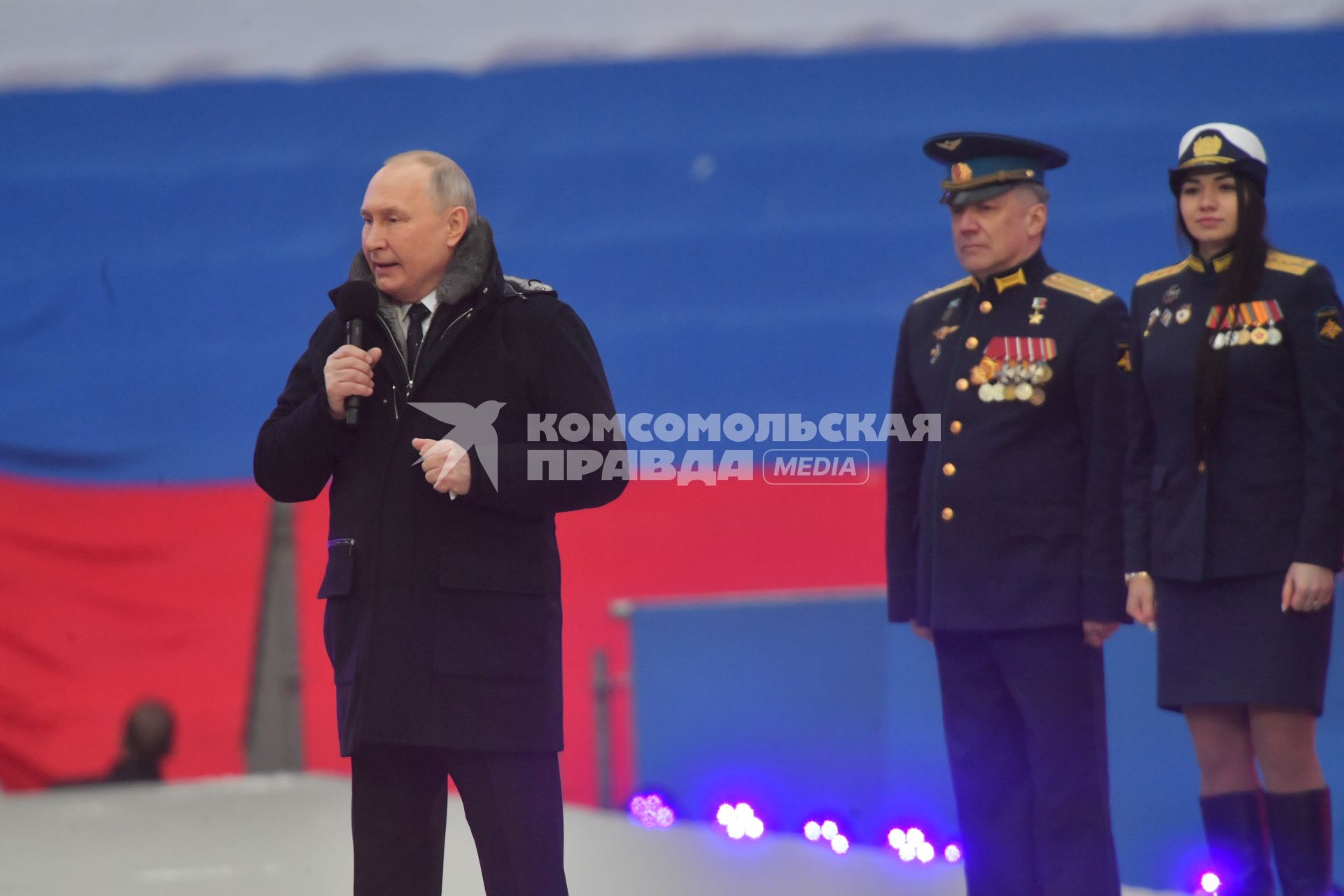 Москва.  Президент РФ Владимир Путин в Лужниках во время выступления на митинге-концерте `Слава защитникам Отечества`, посвященном участникам специальной военной операции и празднованию Дня защитника Отечества.