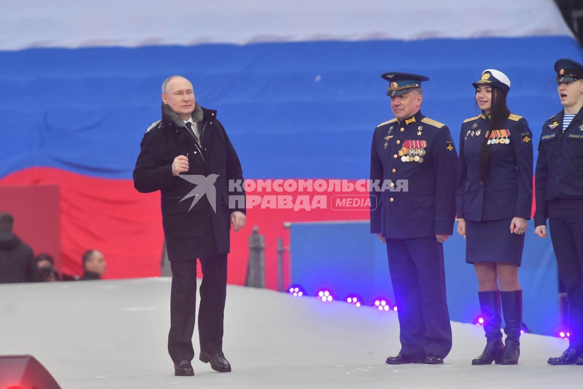 Москва.  Президент РФ Владимир Путин  в Лужниках во время выступления на митинге-концерте `Слава защитникам Отечества`, посвященном участникам специальной военной операции и празднованию Дня защитника Отечества.