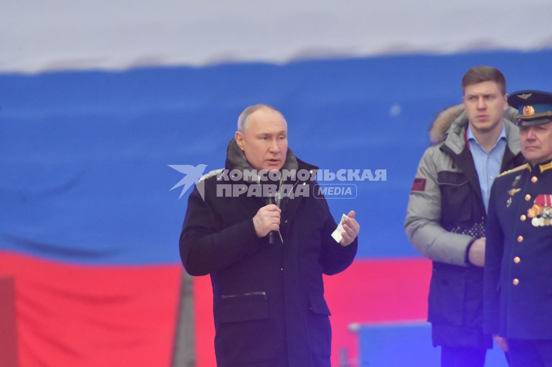 Москва.  Президент РФ Владимир Путин  в Лужниках во время выступления на митинге-концерте `Слава защитникам Отечества`, посвященном участникам специальной военной операции и празднованию Дня защитника Отечества.