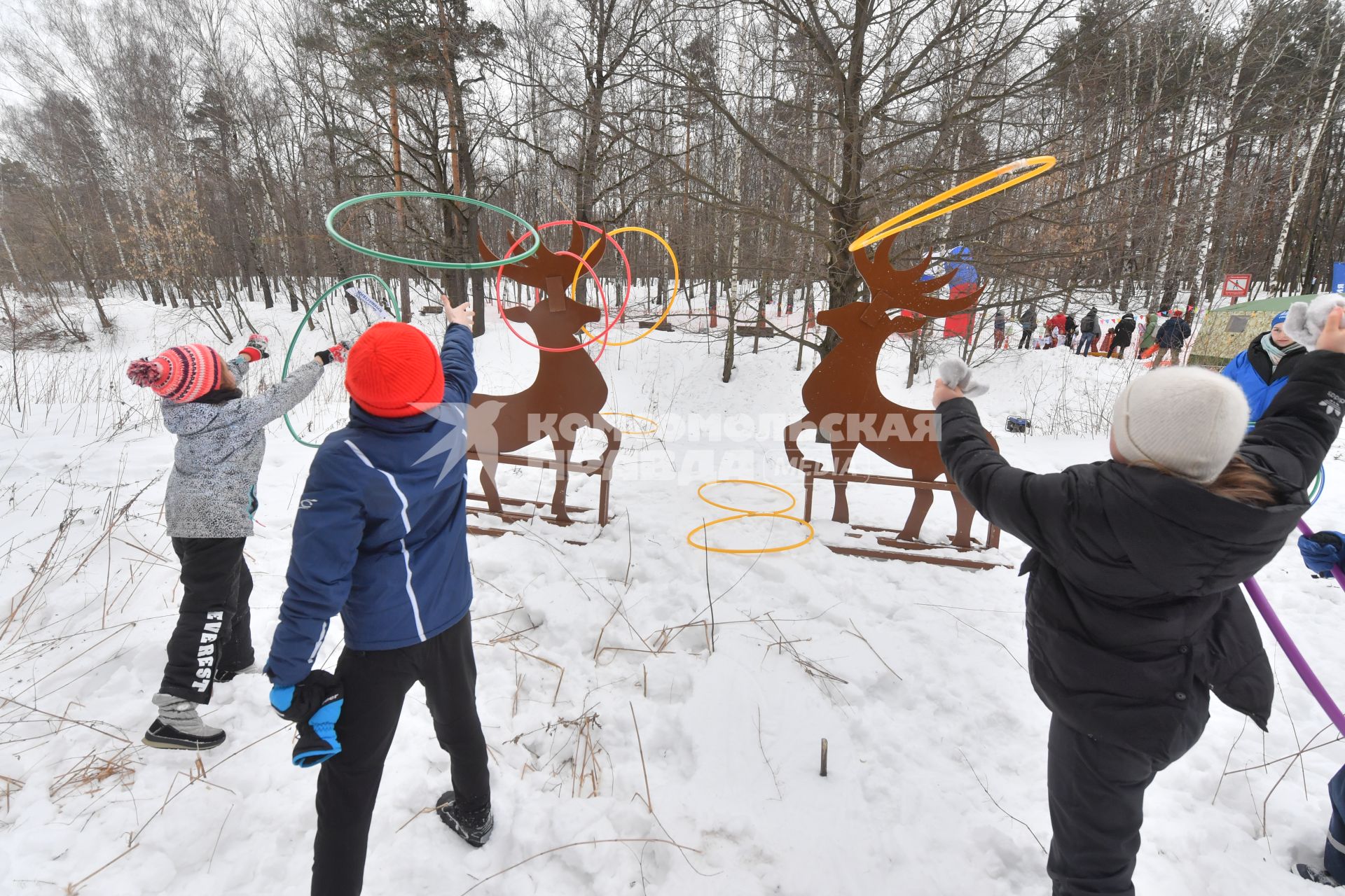 Москва. Городской Центр дополнительного образования `Лаборатория путешествий` празднует `День Арктики` в парке Сокольники. Игра кольцеброс `Олень`.