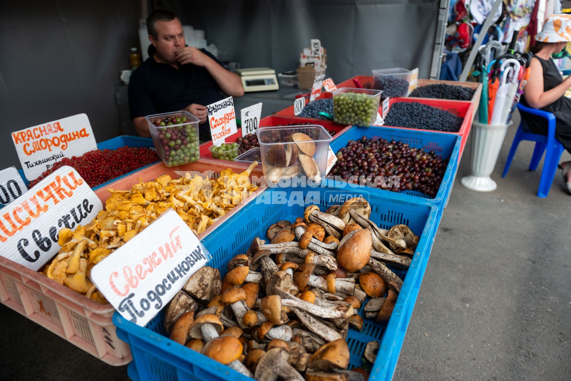 Санкт-Петербург. Торговля грибами и ягодами на Сенном рынке.