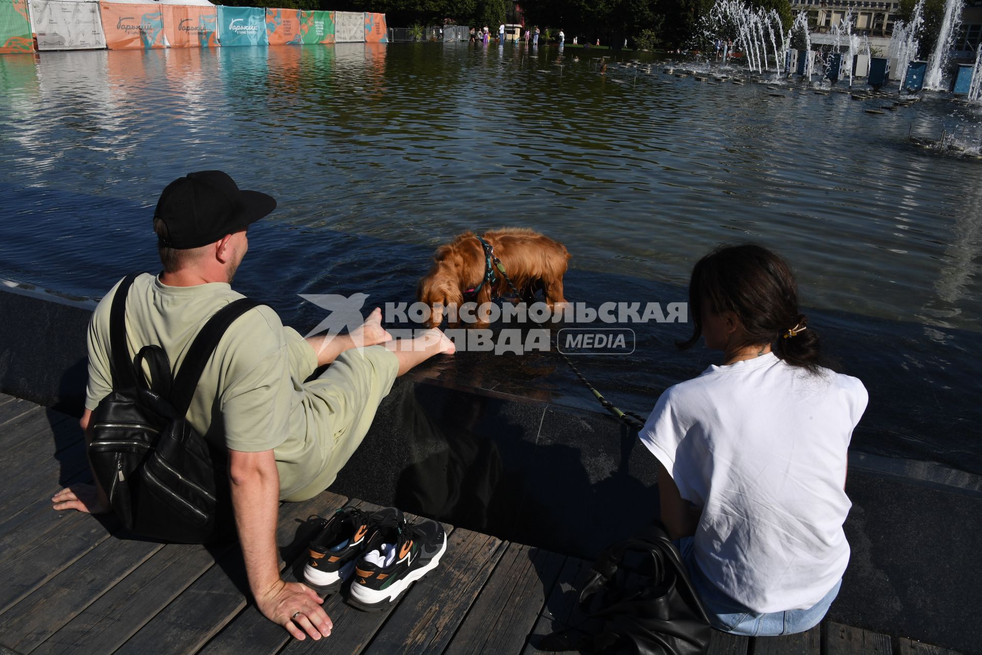 Москва.   Мужчина с собакой у фонтана.